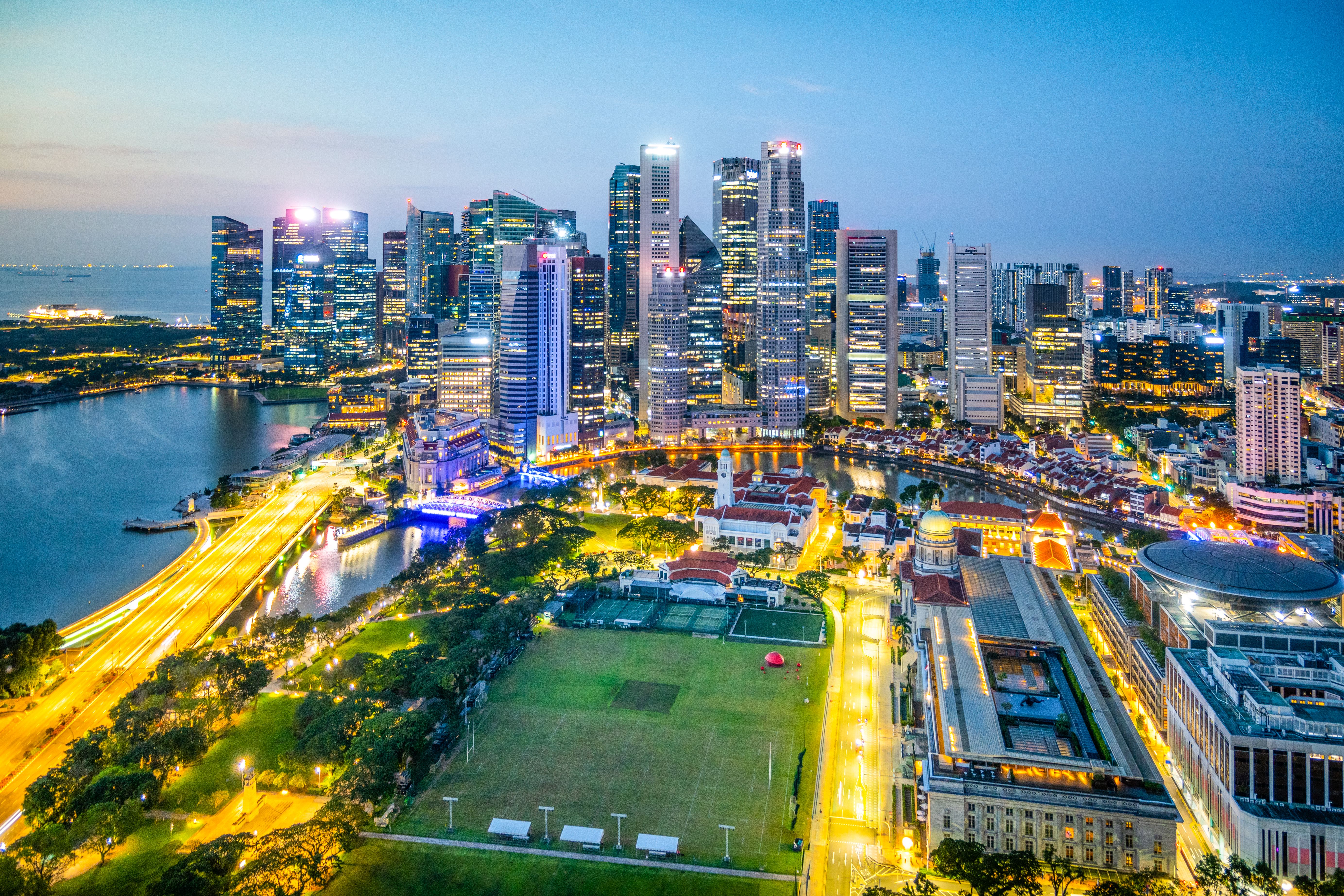 Singapore City Skyline at Marina Bay During Twilight