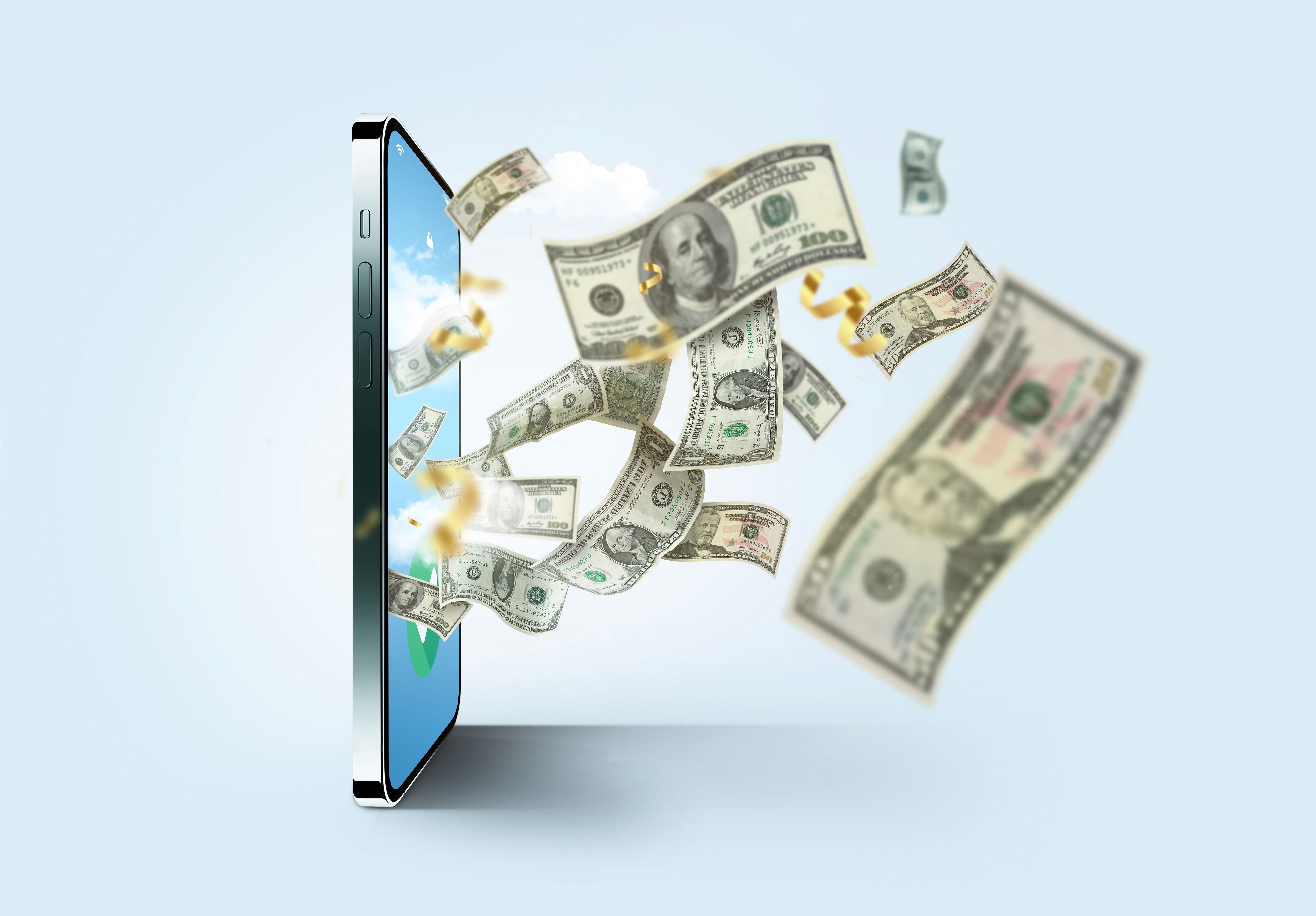 Mobile smartphone and flying money on a gray background. Concept of mobile banking and money transfer application. Successful winning cash. Creative payment idea