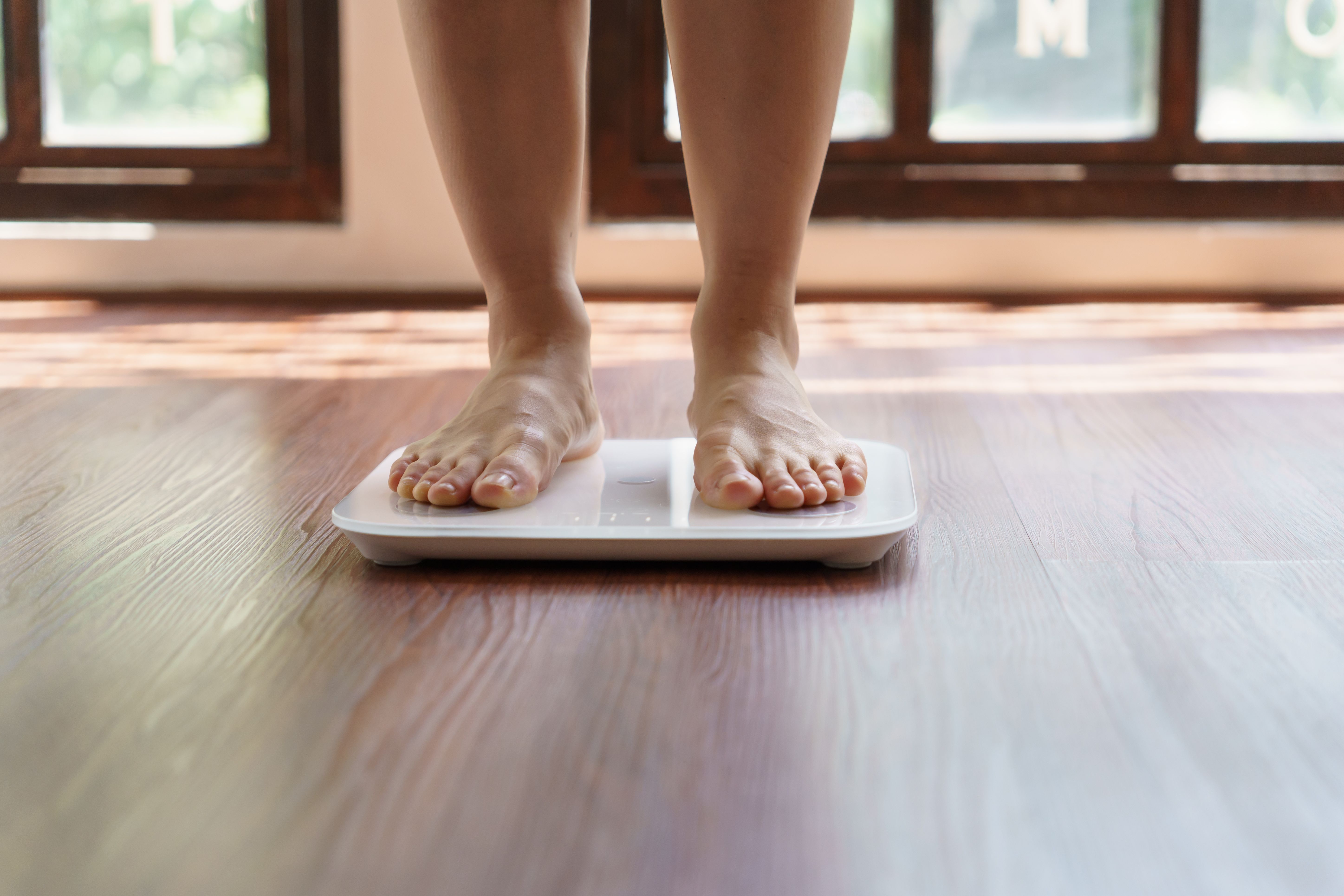 Fat diet and scale feet standing on electronic scales for weight control. Measurement instrument in kilogram for a diet control