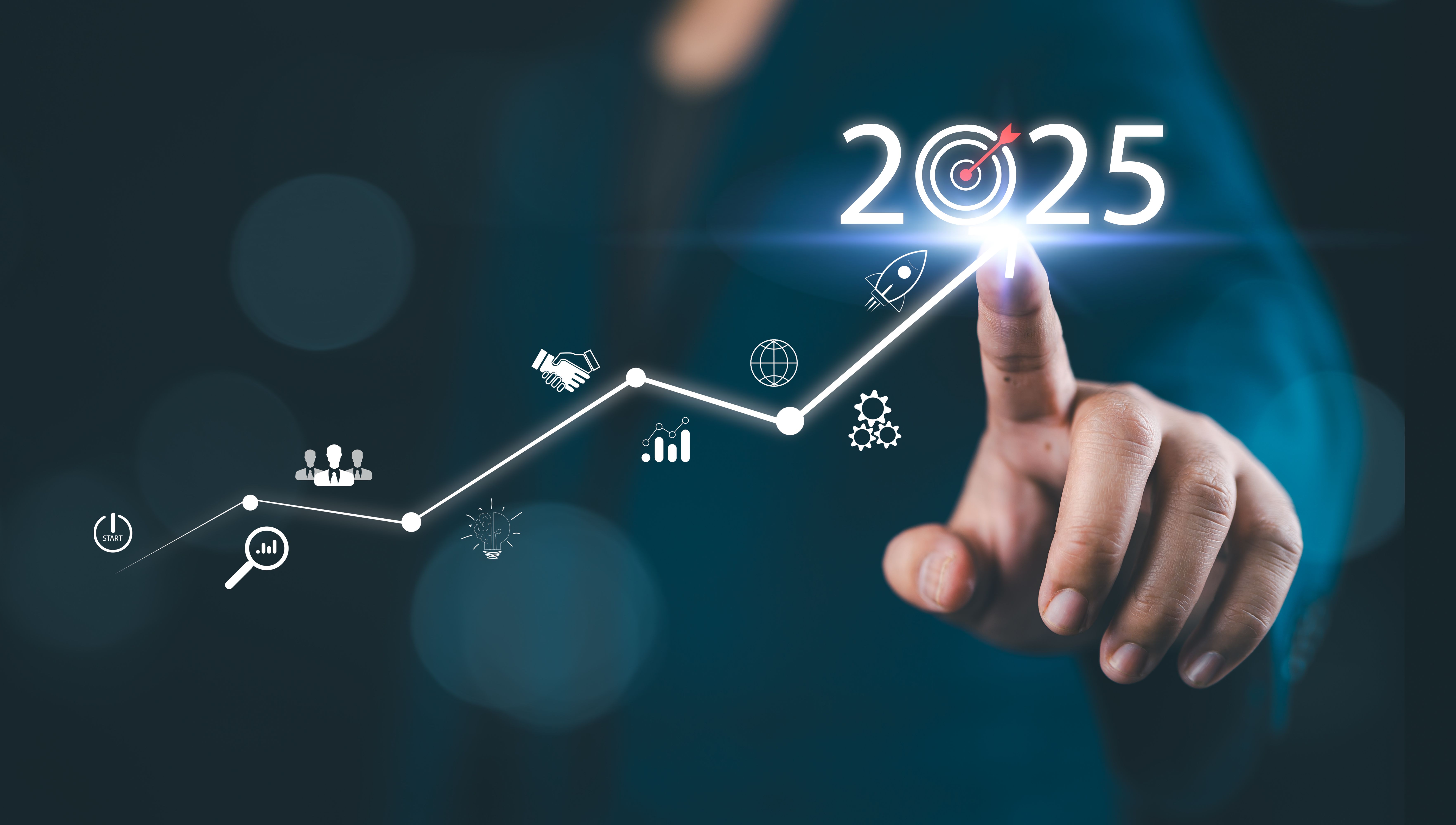 The 2025 new year business goals concept. Businessman touching increase arrow graph company future growth 2025. Business plan target strategy, Planning and challenge business strategy in new year,