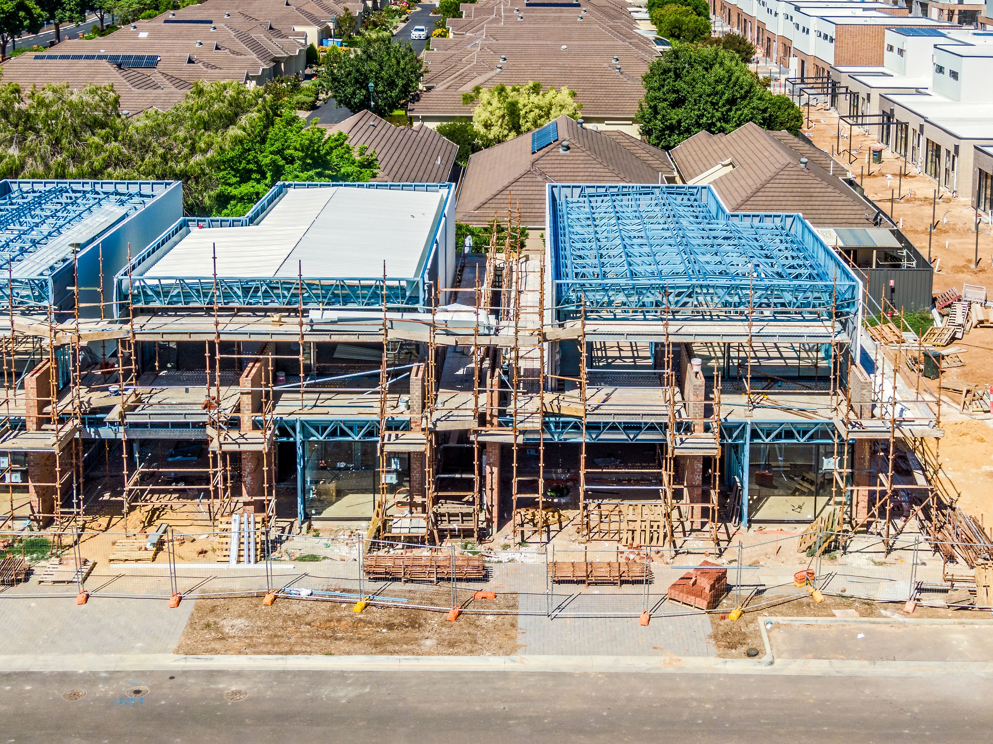 Aerial view of new luxury medium density housing development under construction near Adelaide city centre