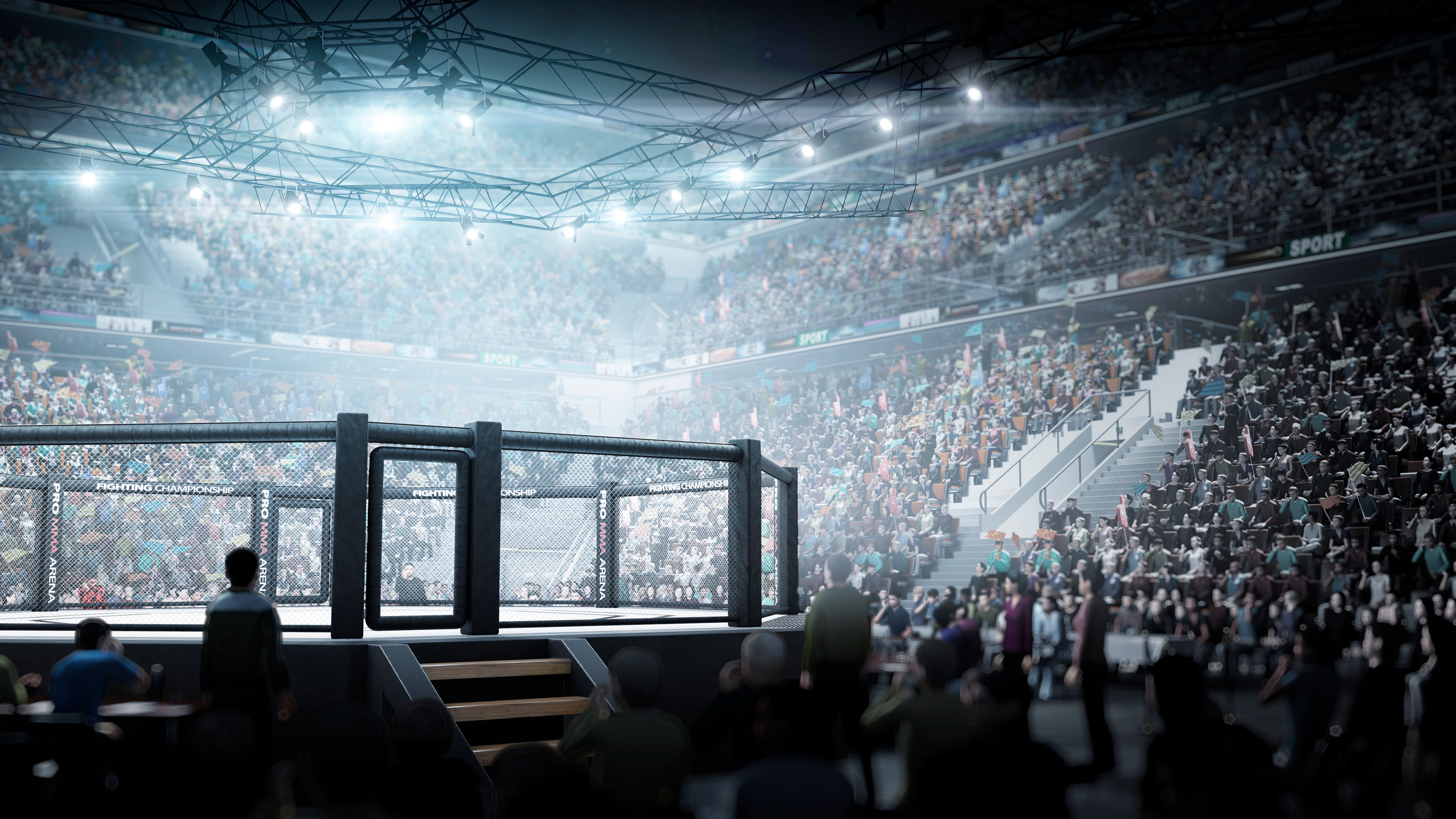 Fighting Championship. MMA octagon. Digital sport 3D. MMA cage night. Sport arena with fans and shining spotlights. Fight night. Full tribune Fighting Championship. MMA octagon. Digital sport 3D. MMA cage night. Sport arena with fans and shining spotlights. Fight night. Full tribune
