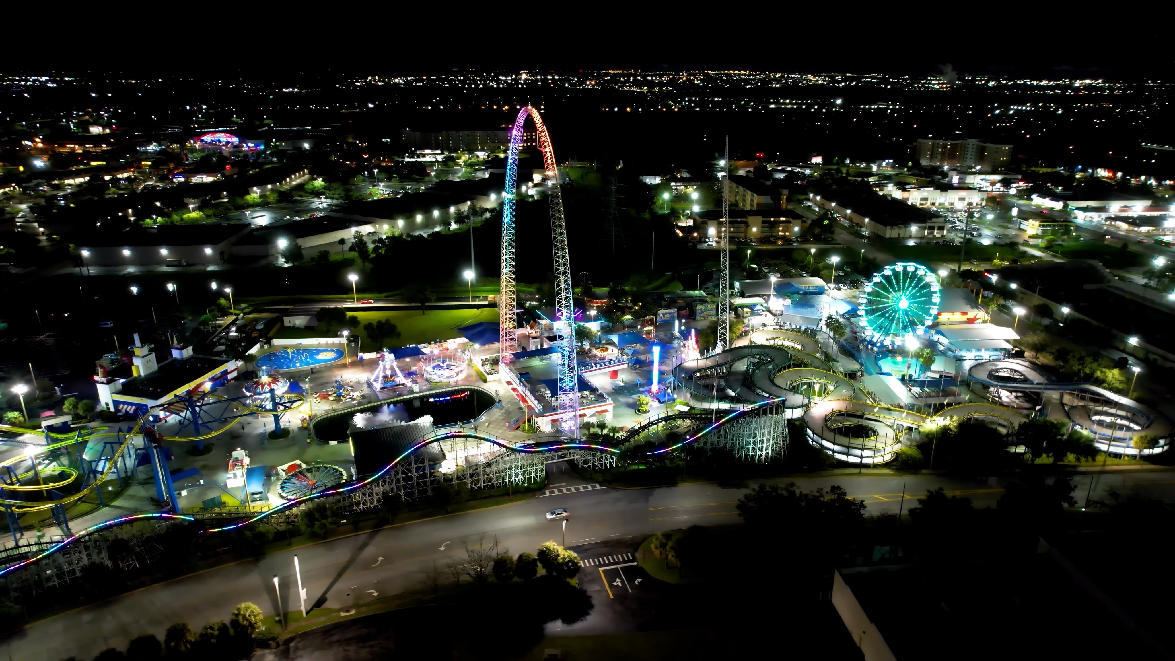 Night cityscape Orlando Florida United States. Amusement park.