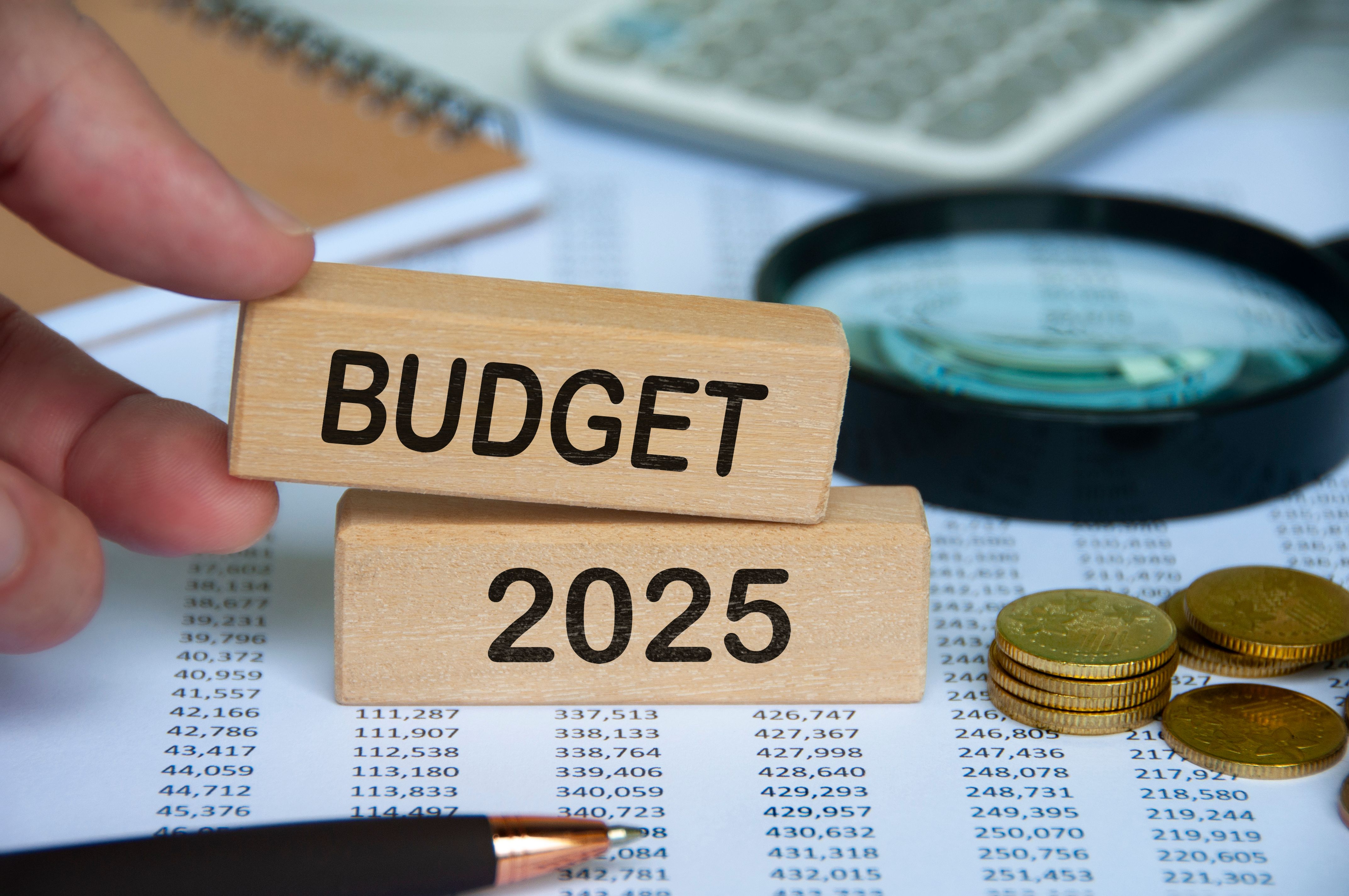 Hand holding wooden block with text - Budget 2025 with financial data background. Budgeting concept Hand holding wooden block with text - Budget 2025 with financial data background. Budgeting concept
