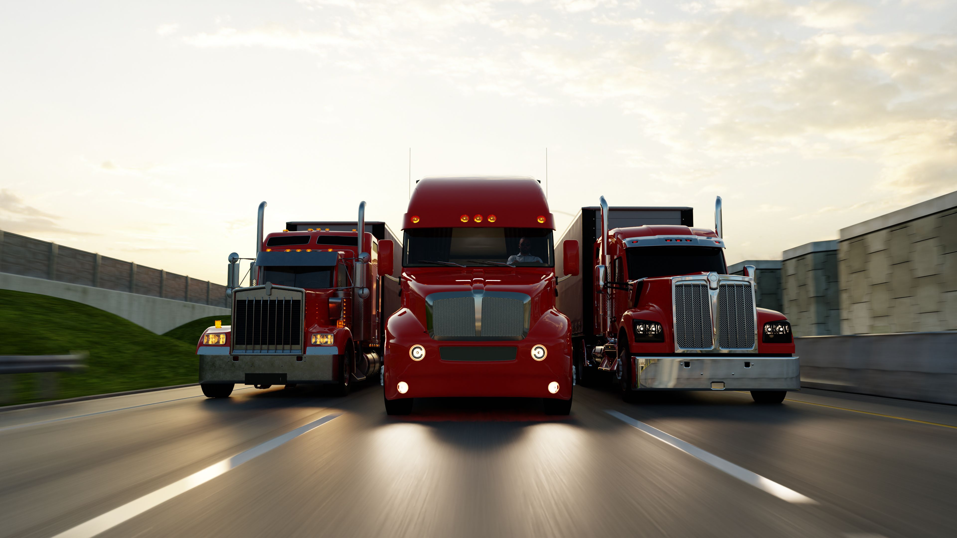 American style truck on freeway pulling load. Transportation theme. 3D illustration