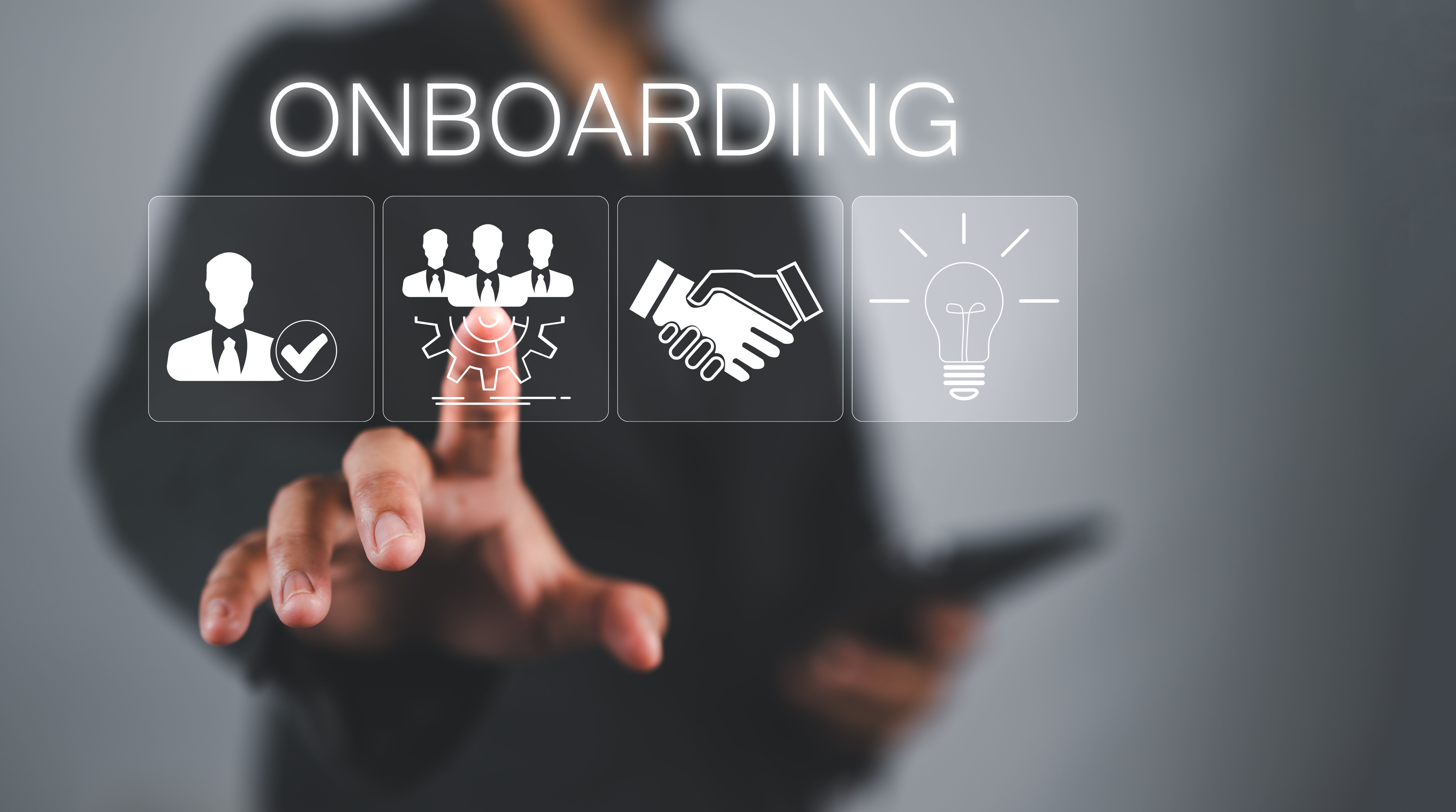 Onboarding concept. Person touch virtual onboarding icon for human resources business industry to introduce newly hired employee into an organization with behavior, welcome, knowledge, and skills Onboarding concept. Person touch virtual onboarding icon for human resources business industry to introduce newly hired employee into an organization with behavior, welcome, knowledge, and skills
