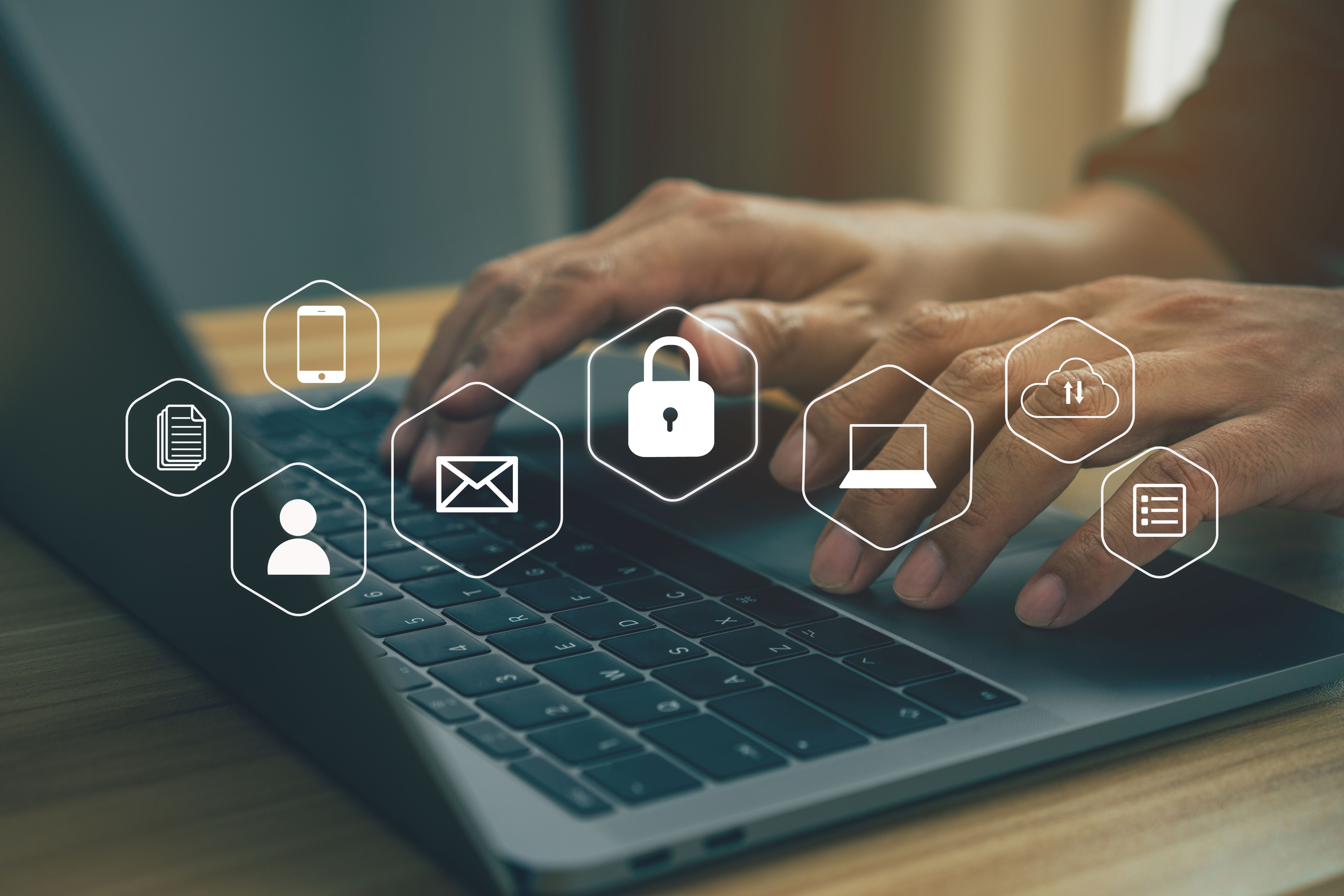 Businessmen protecting personal data on laptop and virtual interfaces.