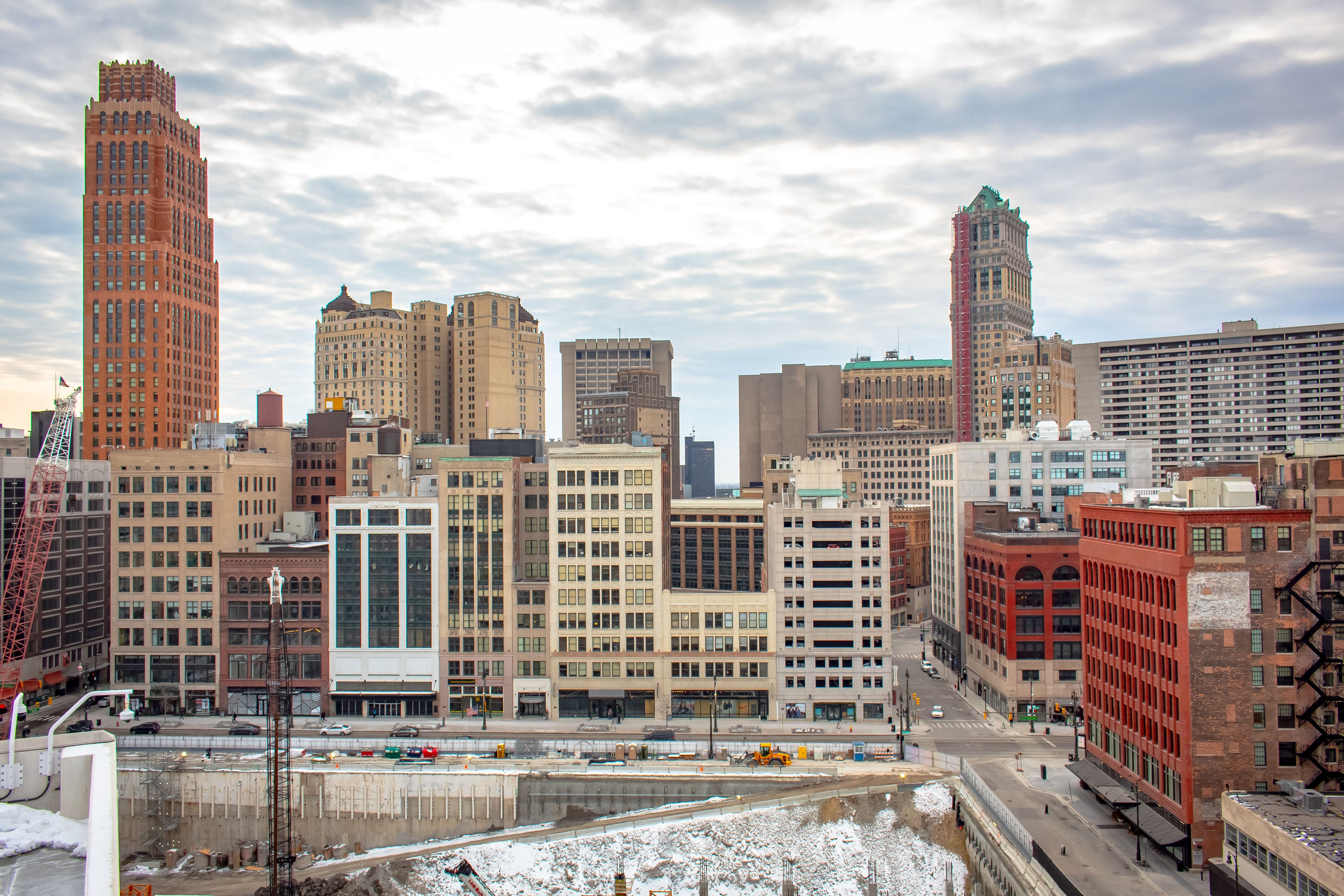 Downtown Detroit Michigan buildings skyline.