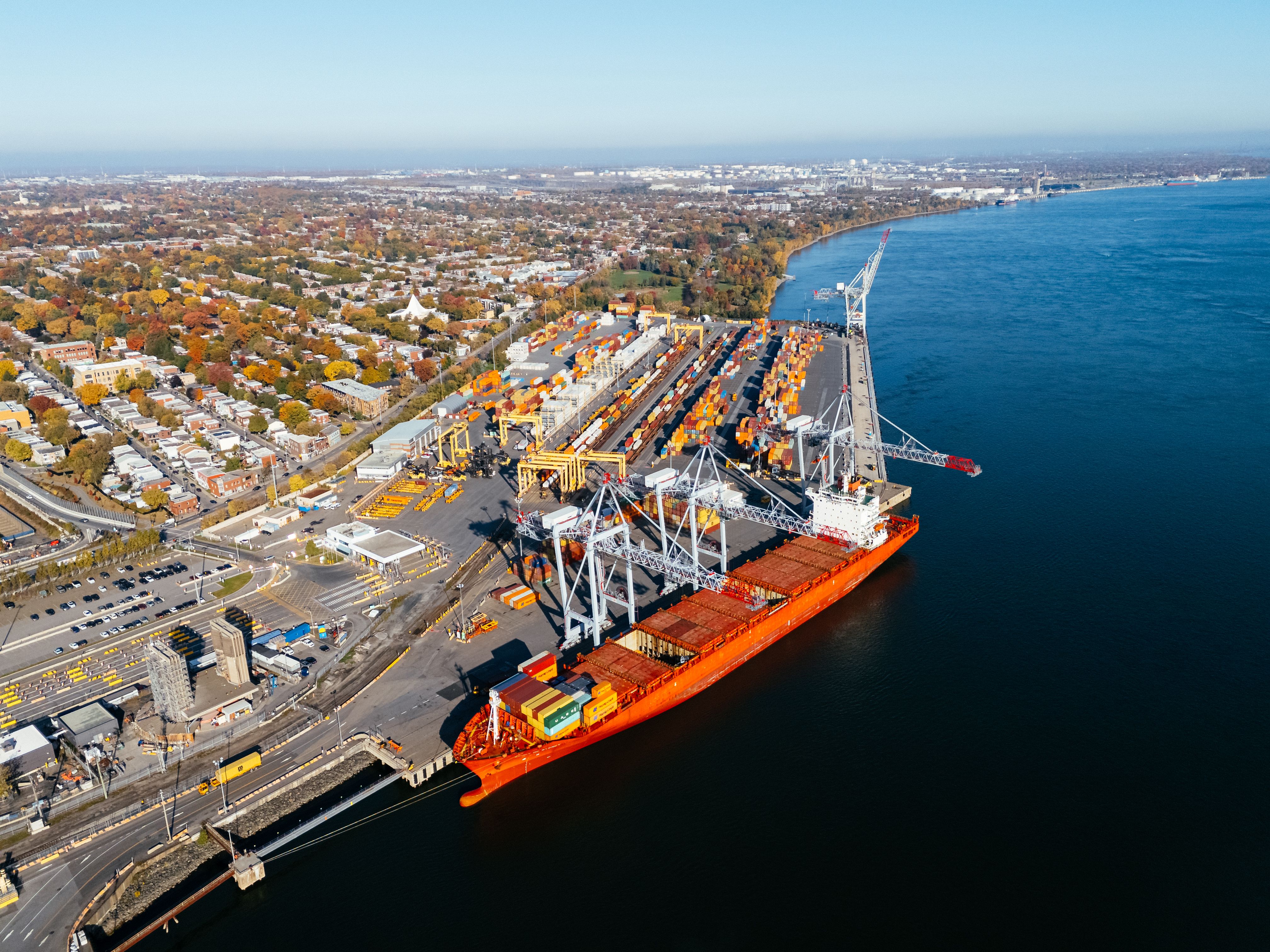 Ship is in the dock, container port. Montreal, Quebec, Canada