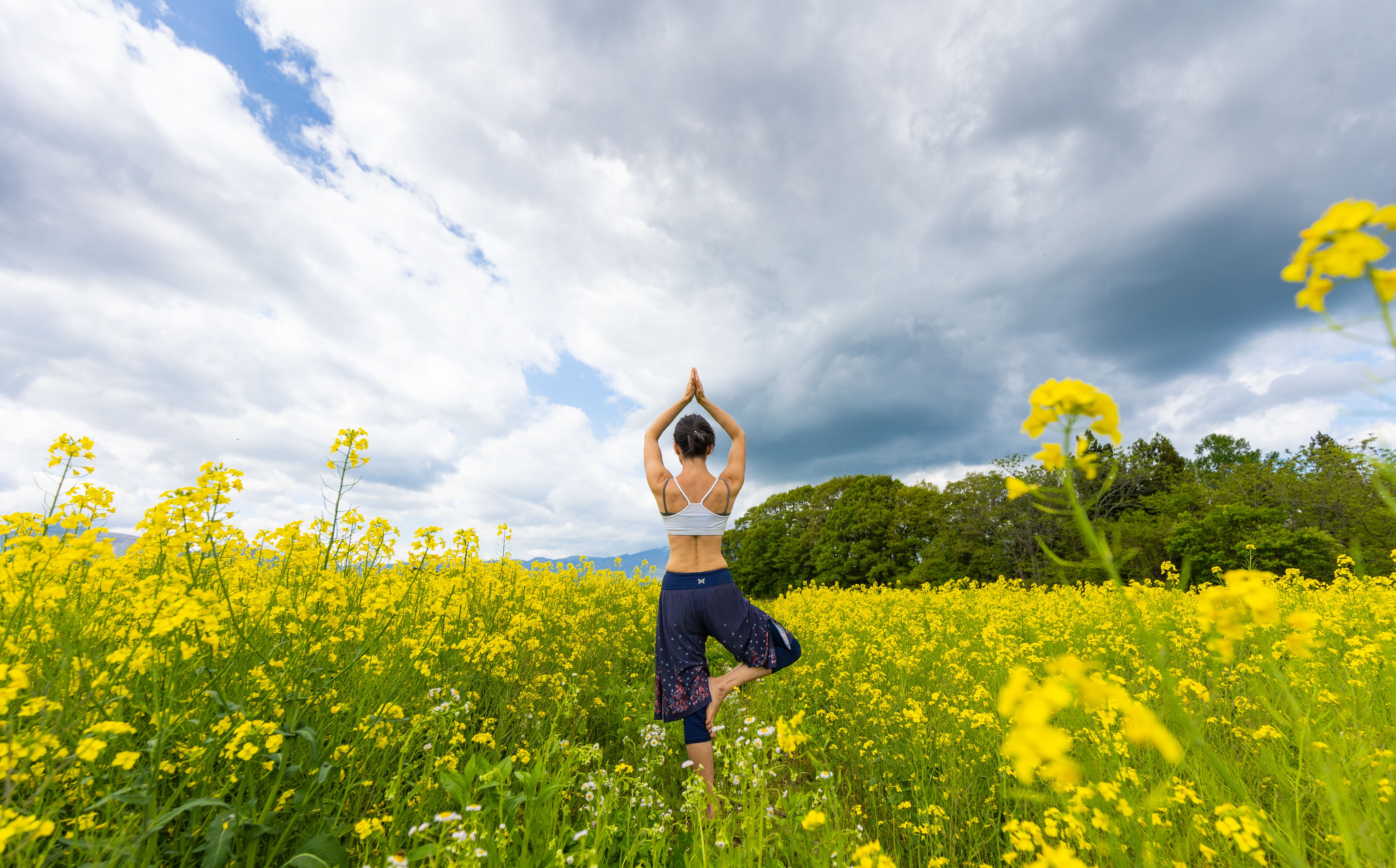 Eine Frau, die Yoga praktiziert und sich inmitten eines gelben Rapsblumenfeldes entspannt