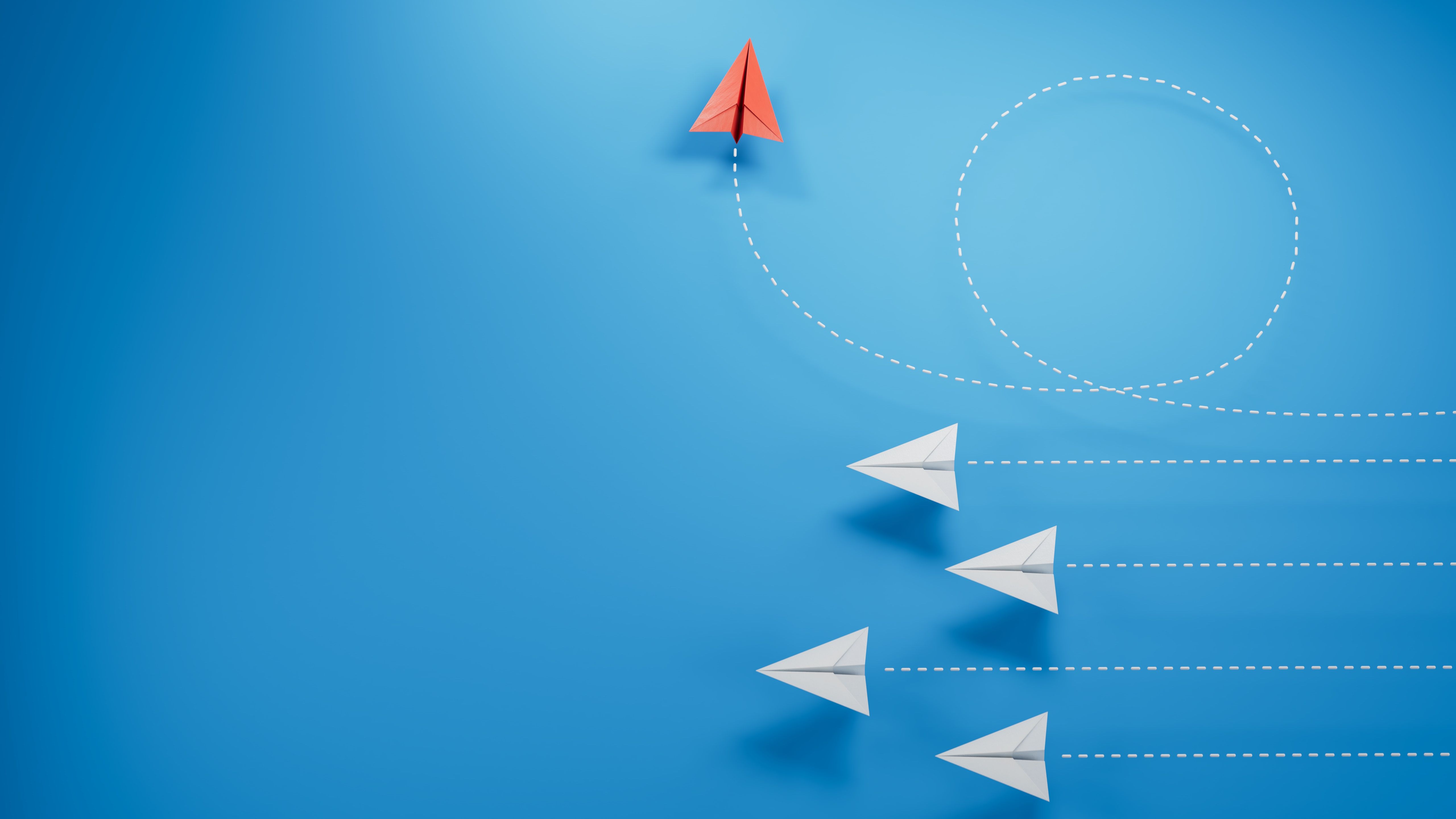 Think differently concept. Red paper plane changing direction. 3D illustration.new ideas. paper art style. creative idea.3D rendering on blue background.