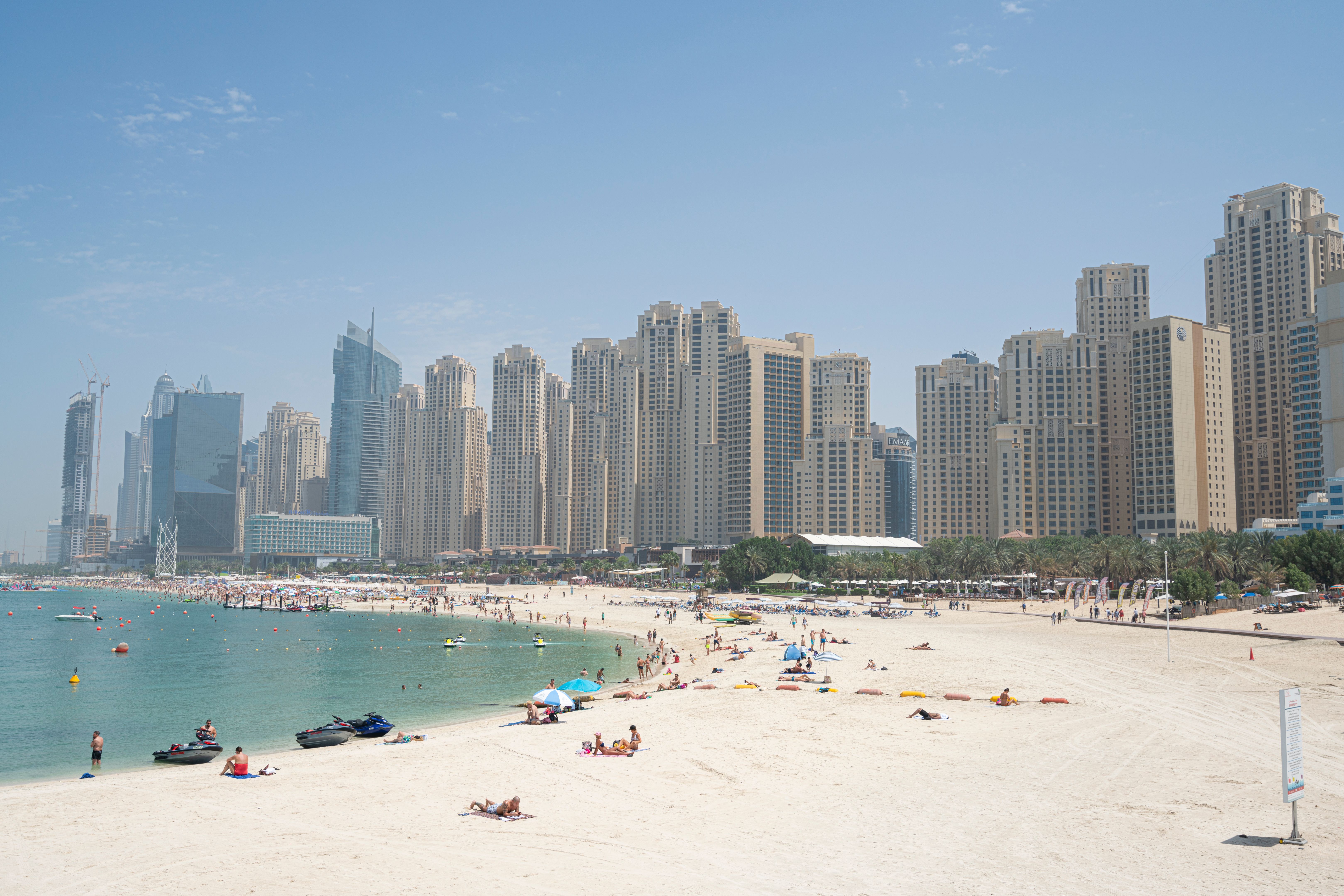 Panoramic view of the golden sand in the JBR beach area.