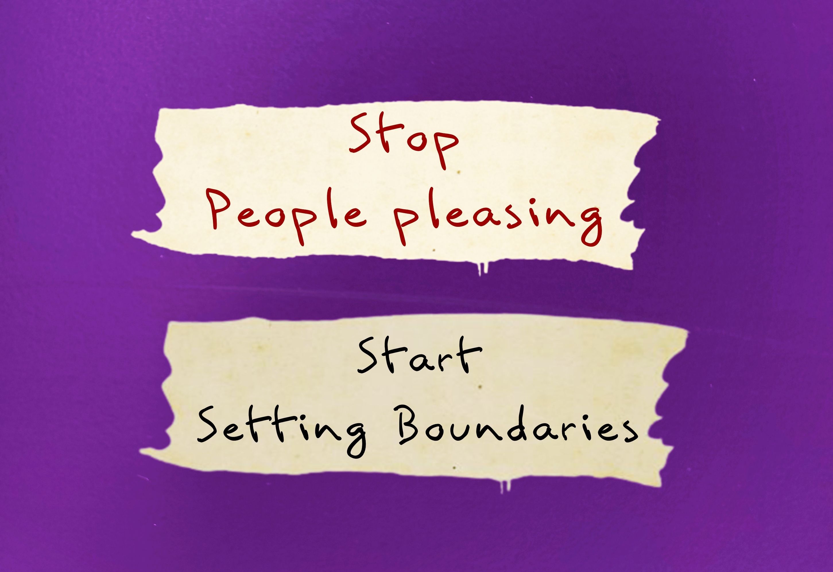Purple wall background with text written STOP PEOPLE PLEASING - START SETTING BOUNDARIES, concept of people pleaser start to let go the need to be perfect, approval addiction and start to set boundary Purple wall background with text written STOP PEOPLE PLEASING - START SETTING BOUNDARIES, concept of people pleaser start to let go the need to be perfect, approval addiction and start to set boundary
