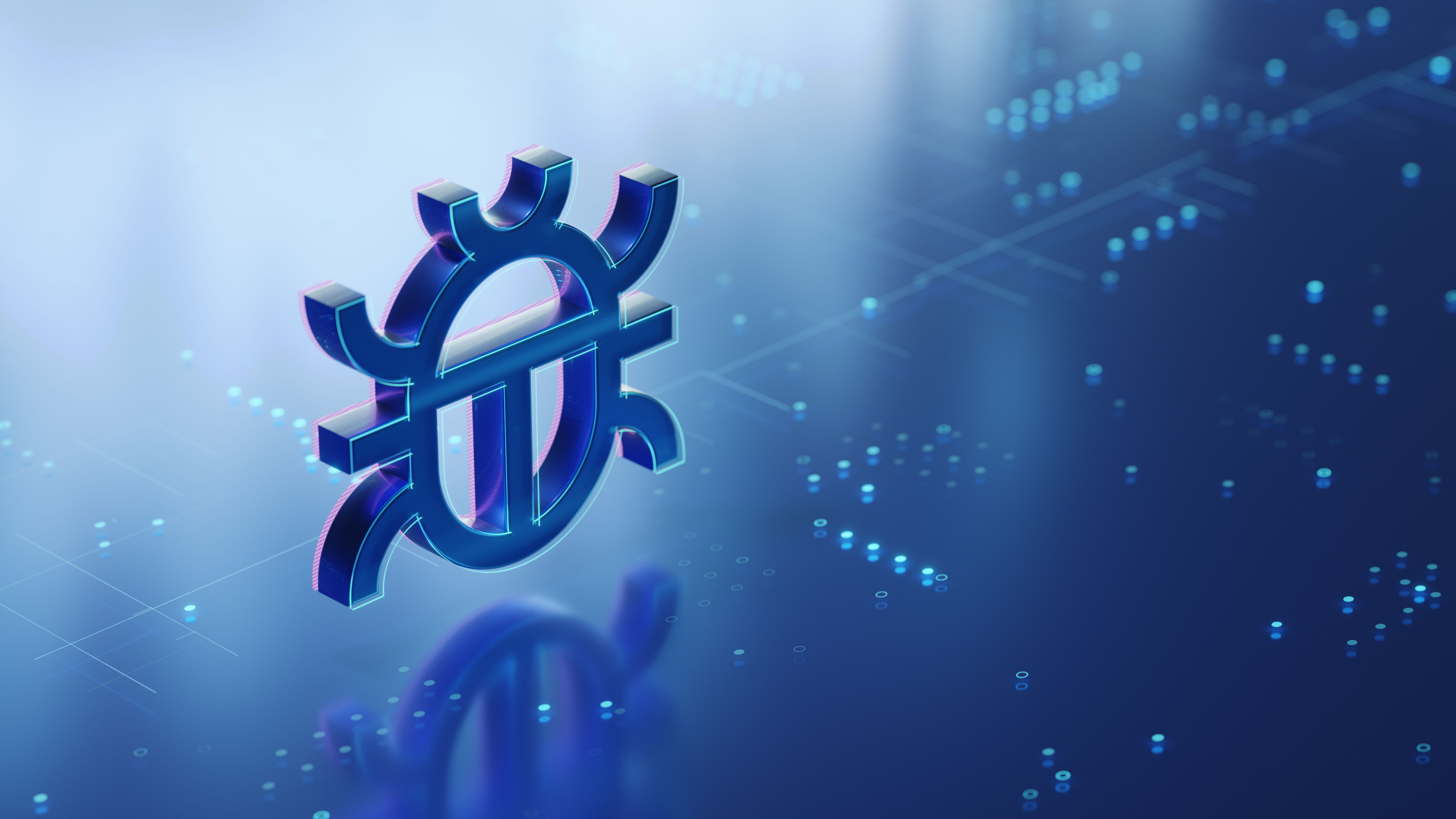 3D computer bug icon on the glossy futuristic surface with abstract glowing dots and lines 3D computer bug icon on the glossy futuristic surface with abstract glowing dots and lines