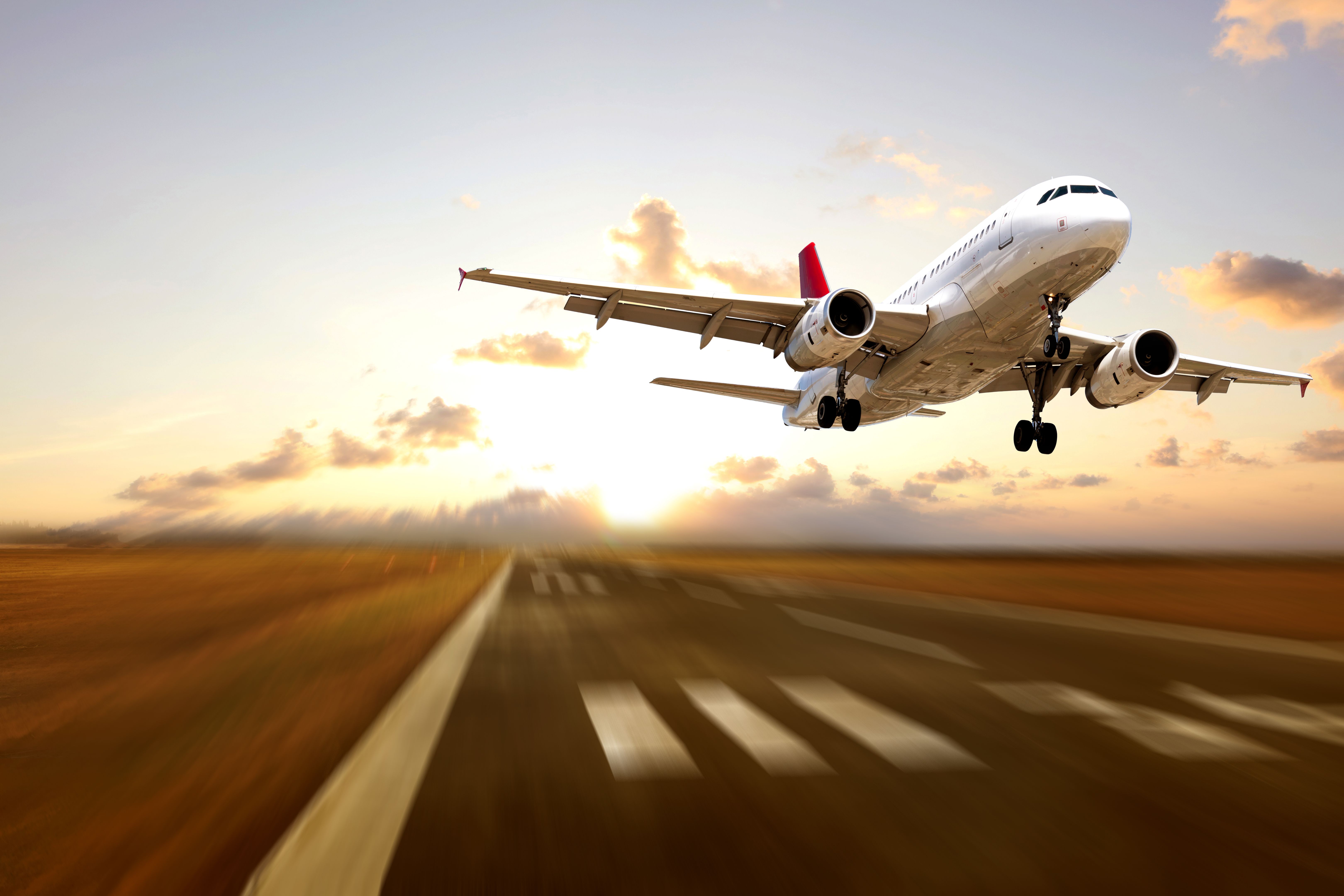 Passenger airplane landing at sunset