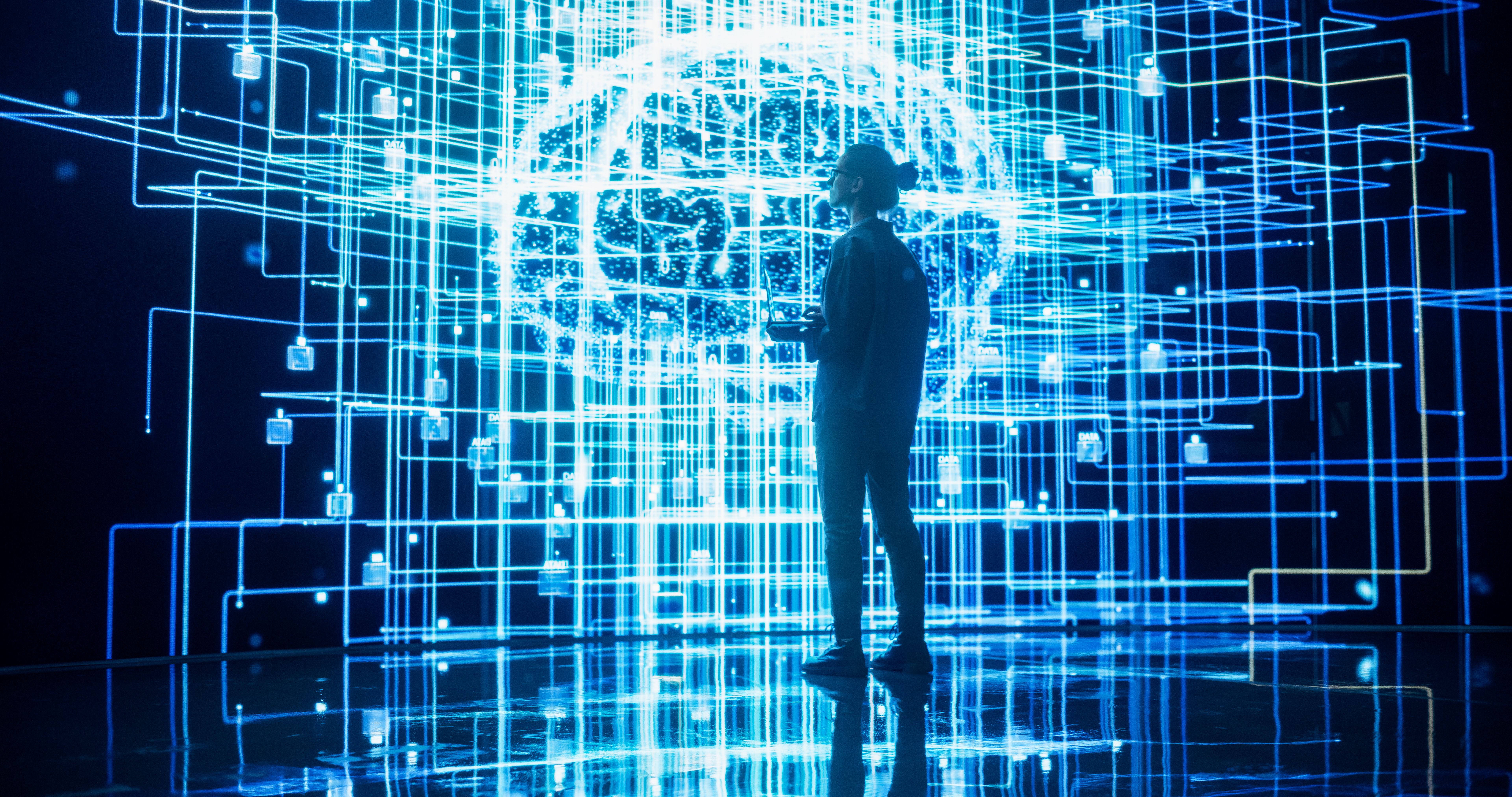 Back View of Young Woman Looking at a Big Screen with Neural Network 3D Visualisation. Professional Computer Data Science Engineer Working in System Control Room and Monitoring Telecommunications Back View of Young Woman Looking at a Big Screen with Neural Network 3D Visualisation. Professional Computer Data Science Engineer Working in System Control Room and Monitoring Telecommunications