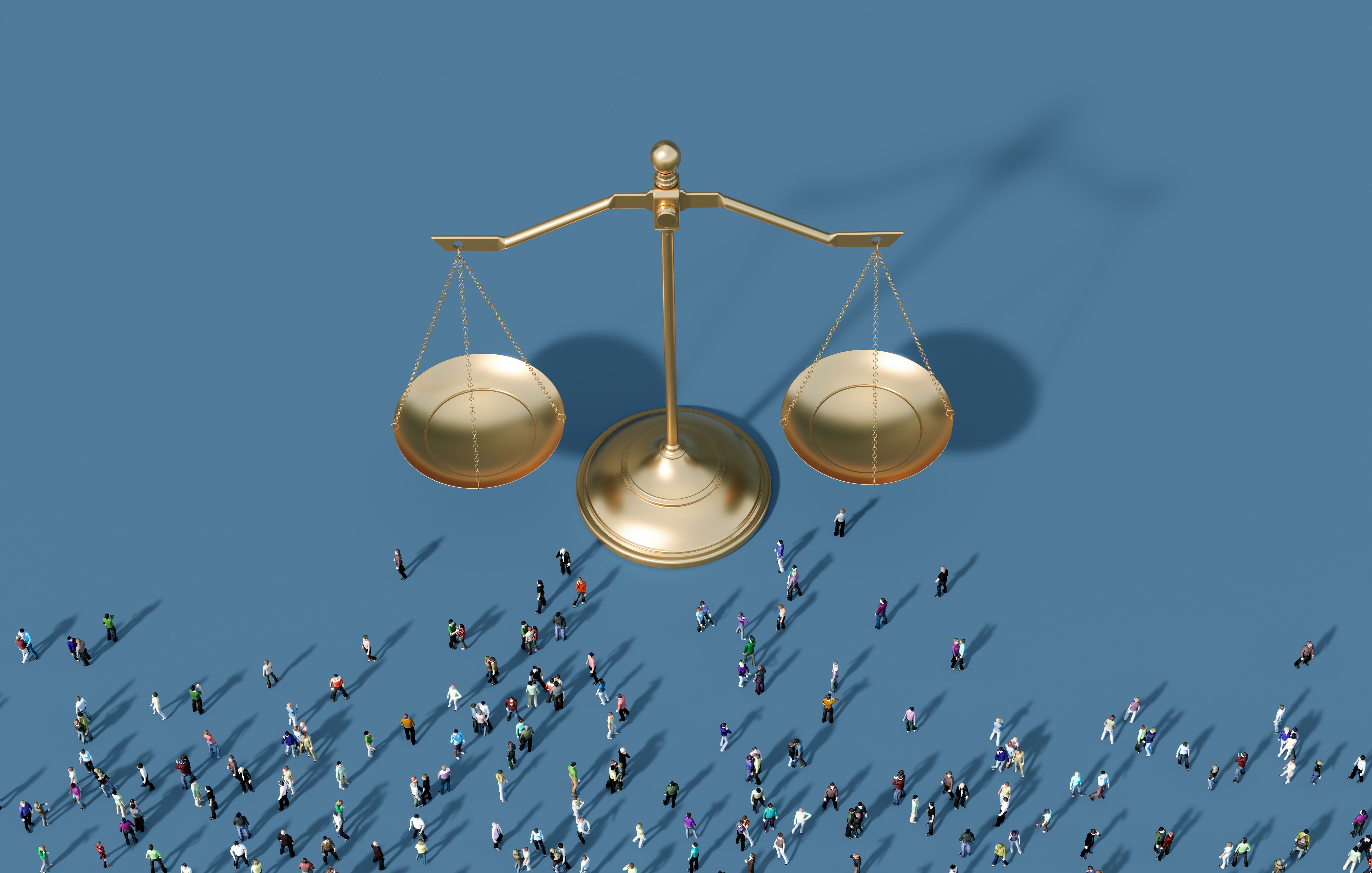 People Surrounding A Brass Scale On Blue Background