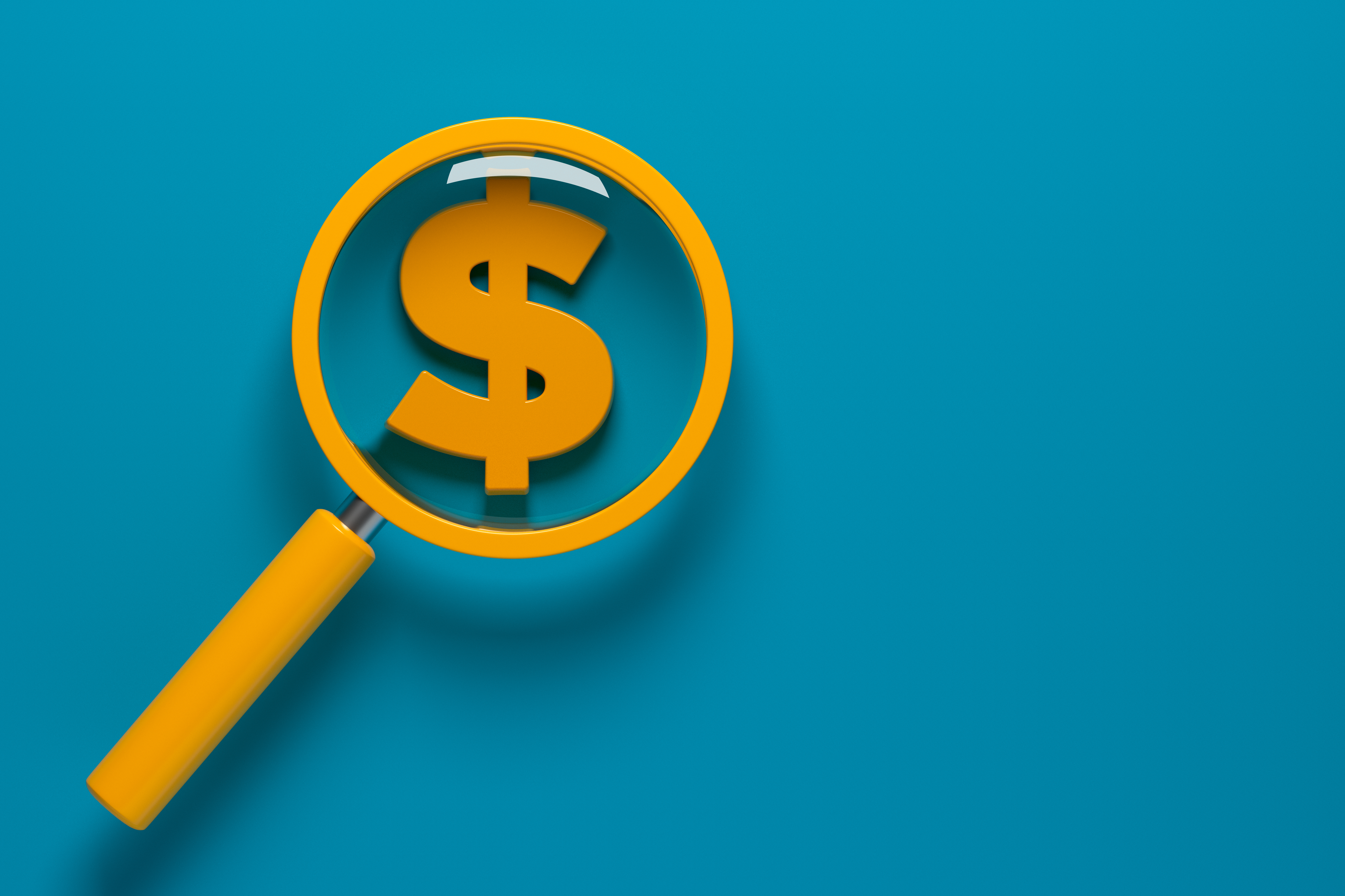 Orange-colored magnifying glass and orange-colored dollar symbol. Orange-colored magnifying glass and orange-colored dollar symbol.