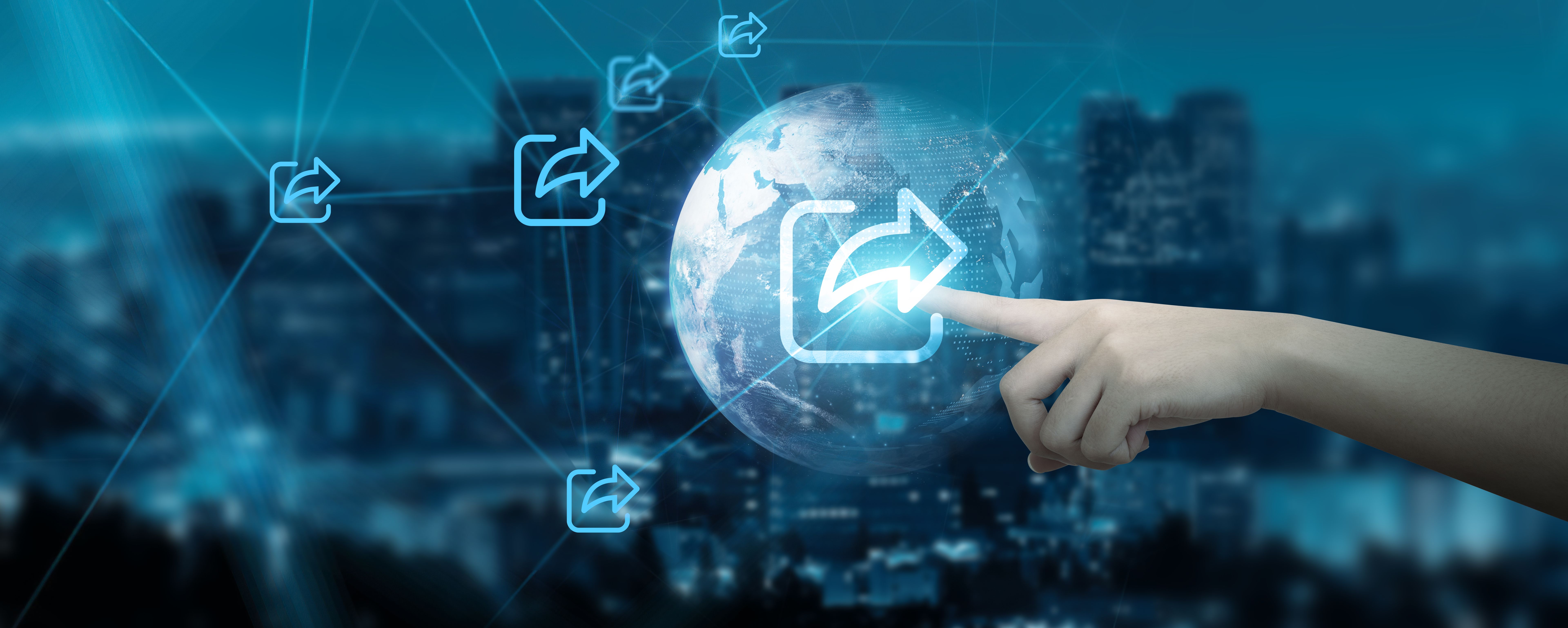 Hand Touching global network connection on Share, Collaboration, Interconnectivity, Communication, Innovation, technology and futuristic Advancements, Developments, Progress, Breakthroughs, Possibilities.