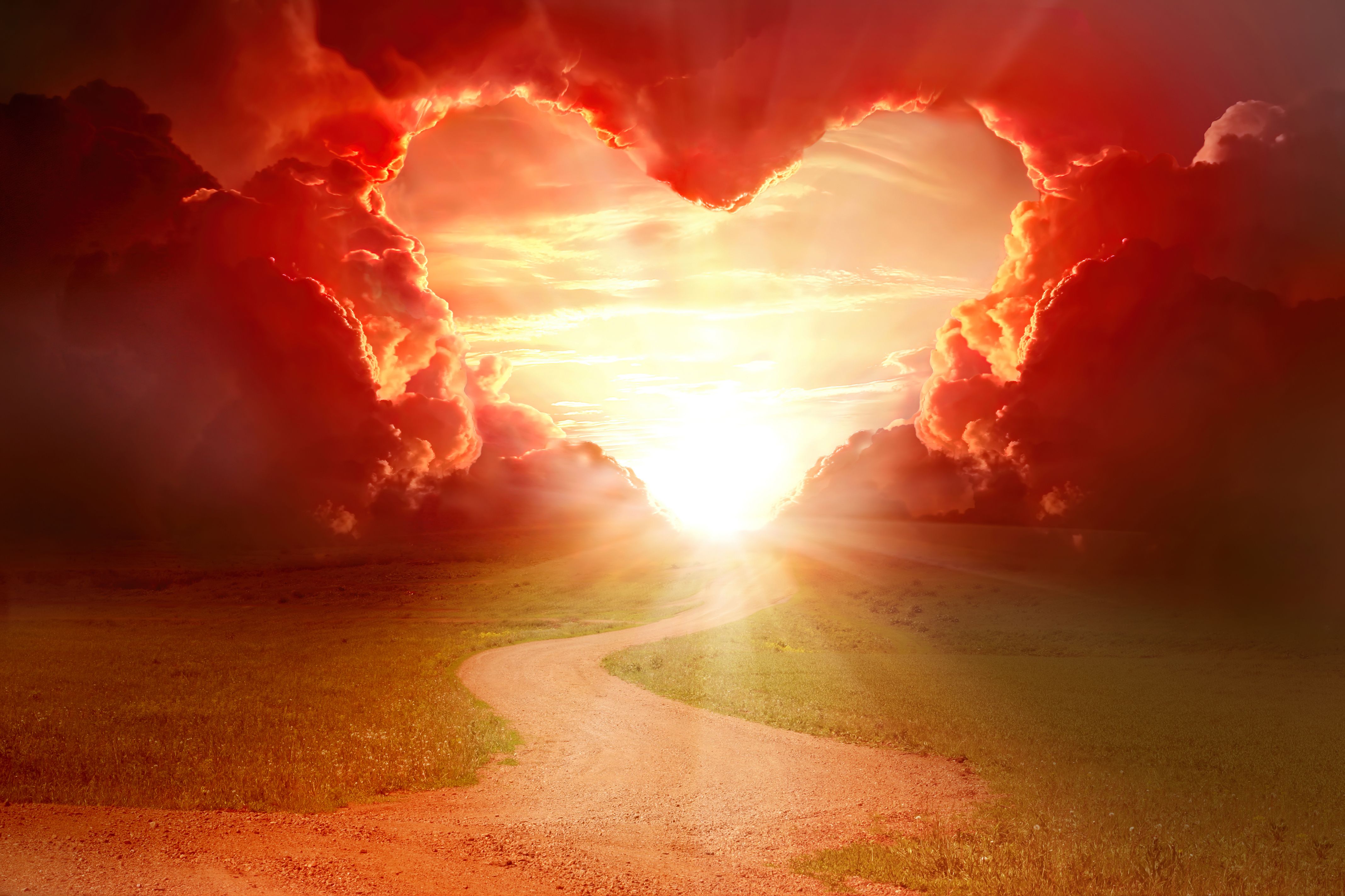Red heart shaped sky at sunset. Beautiful landscape with flowers.Love background with copy space. Road to love