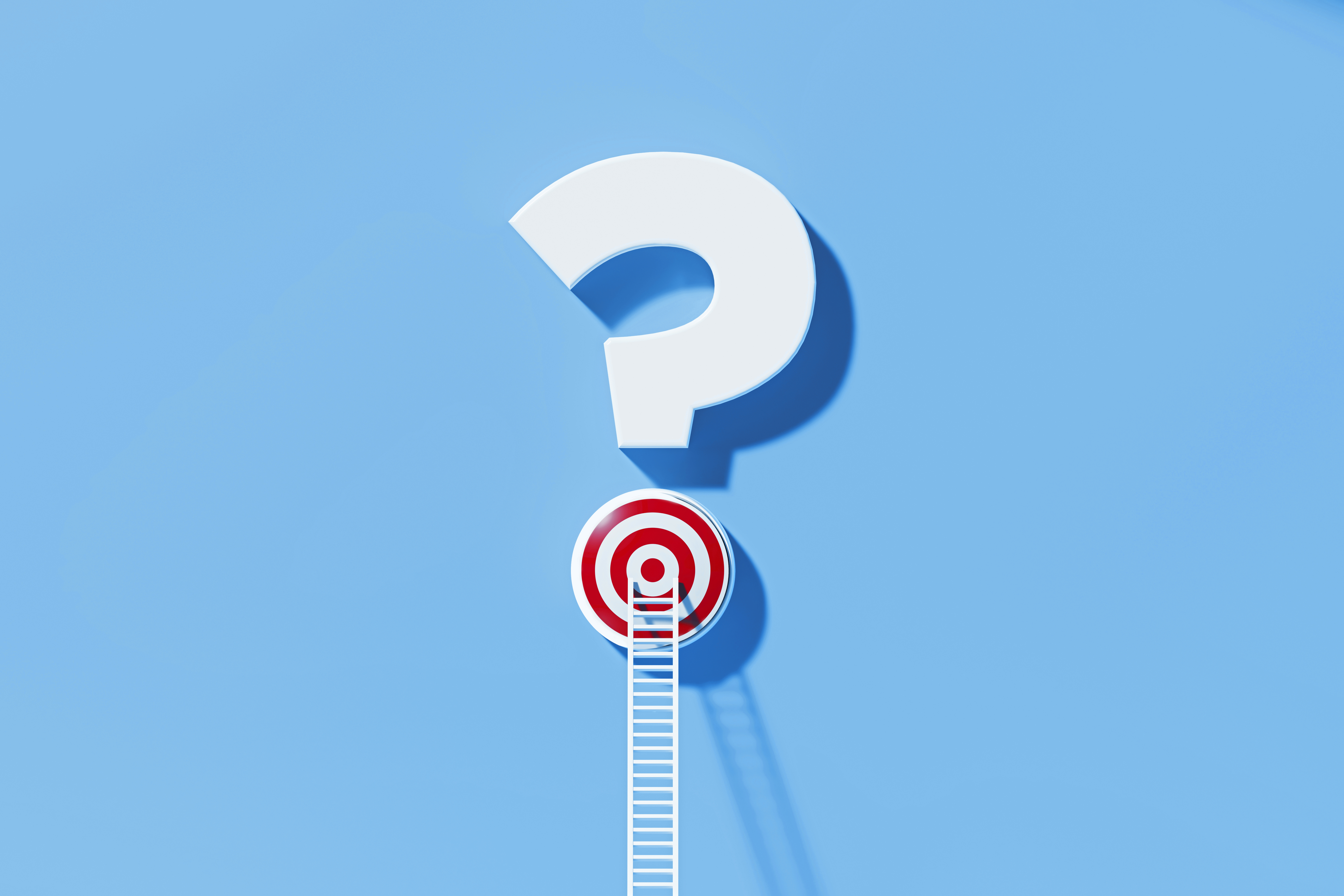 Q and A Concept - White Ladder Leaning On To A Target Which Sits Over A Question Mark on Blue Background Q and A Concept - White Ladder Leaning On To A Target Which Sits Over A Question Mark on Blue Background