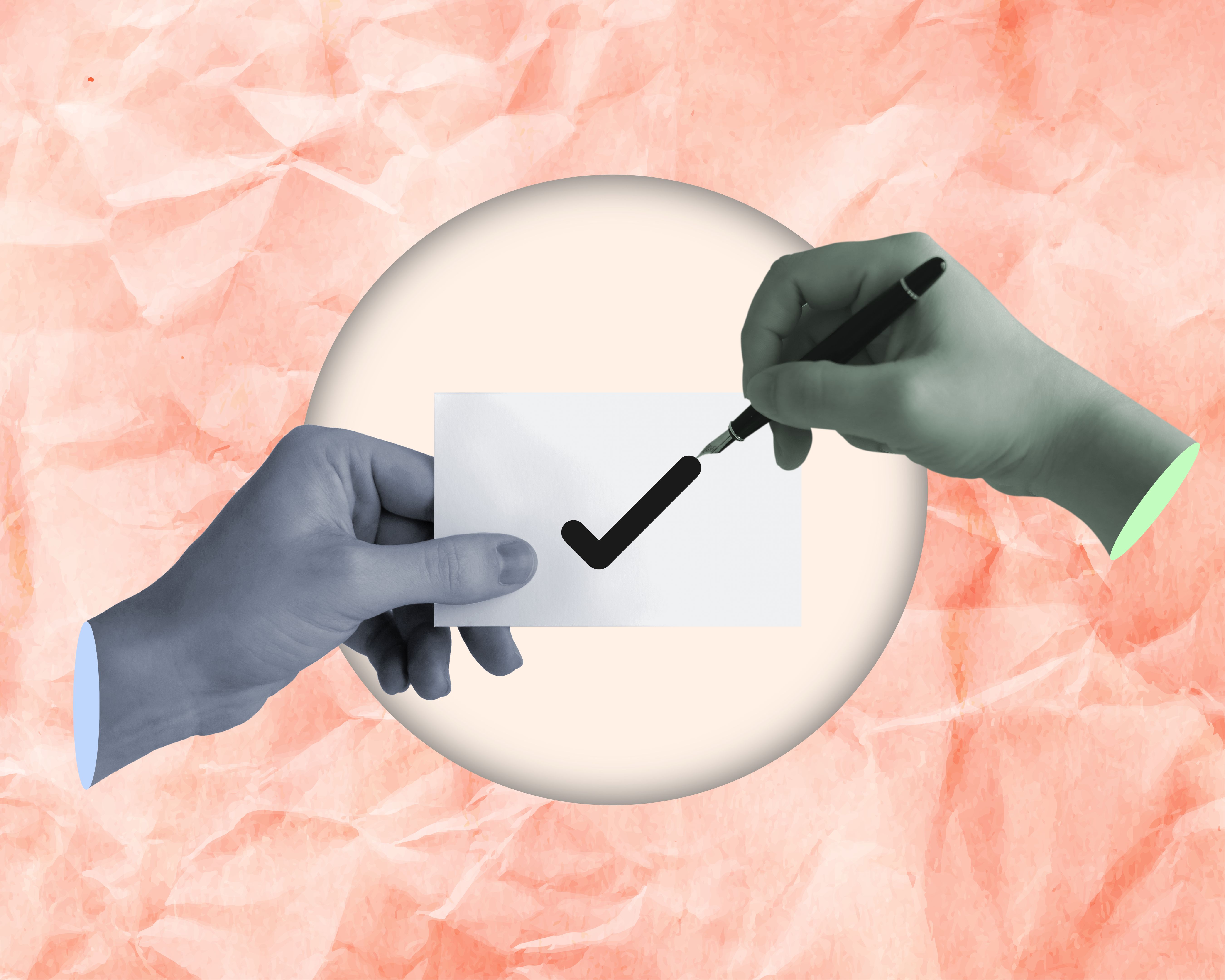 Contemporary art collage The image of one holding a piece of paper with a check mark and another holding a pen conveys approval. Approval of responses to questionnaires and assessment forms Contemporary art collage The image of one holding a piece of paper with a check mark and another holding a pen conveys approval. Approval of responses to questionnaires and assessment forms