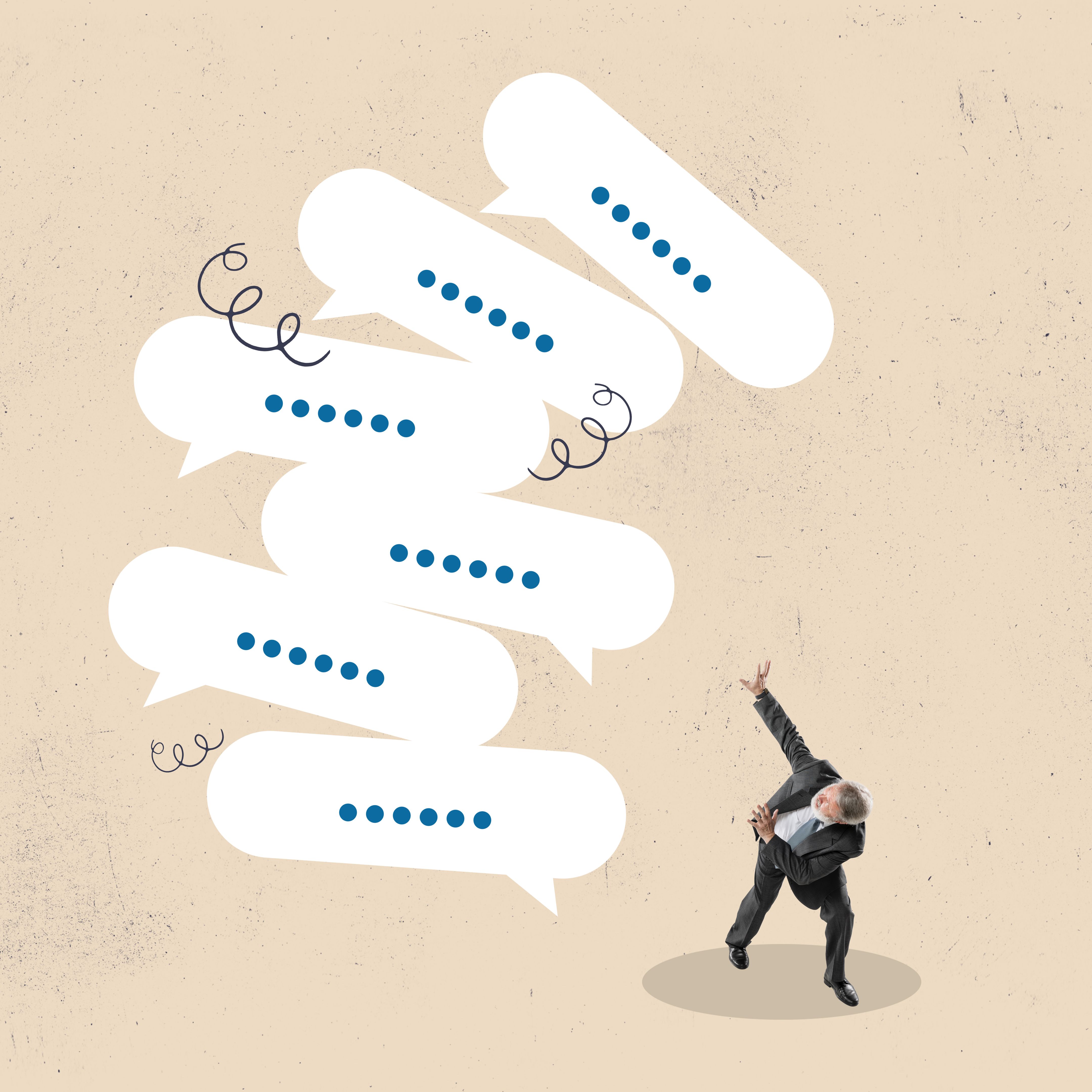 Art collage about communication problem or overload, too many messages or spam, inefficient discussion or meeting concept, frustrated businessman run away from collapsing stack of online speech bubble.