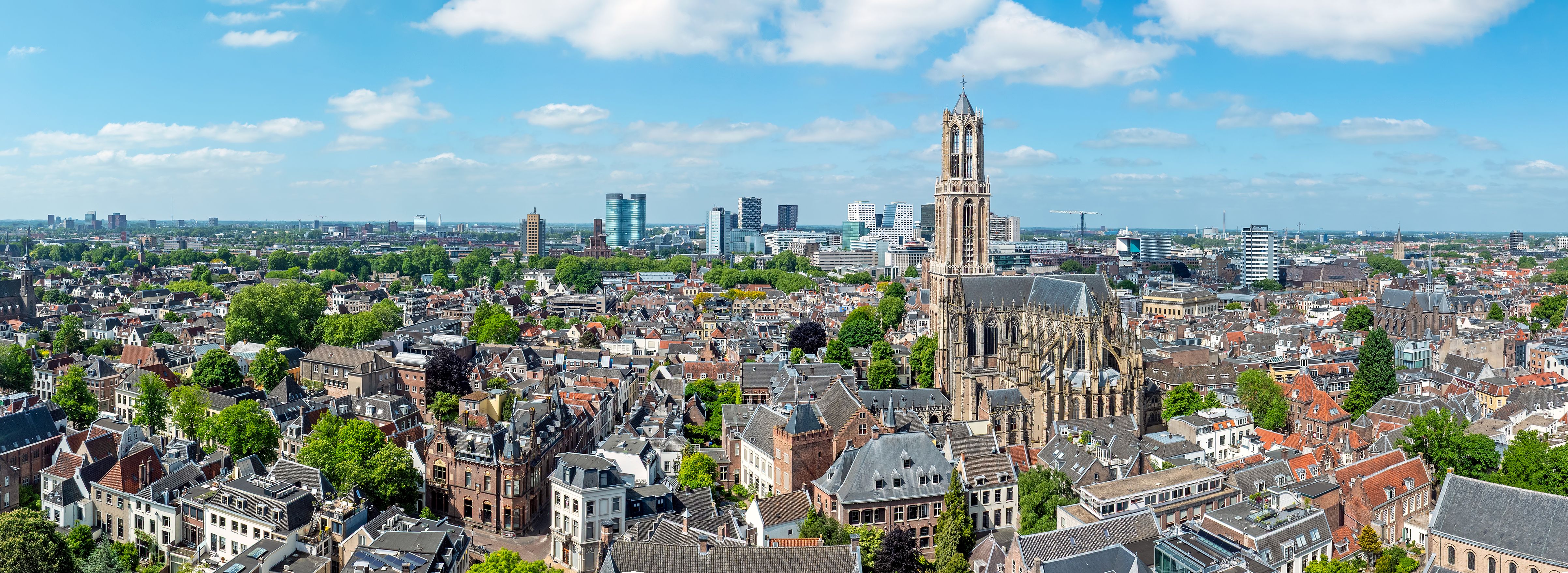 Aerial panorama from the city Utrecht with the Dom tower in the Netherlands