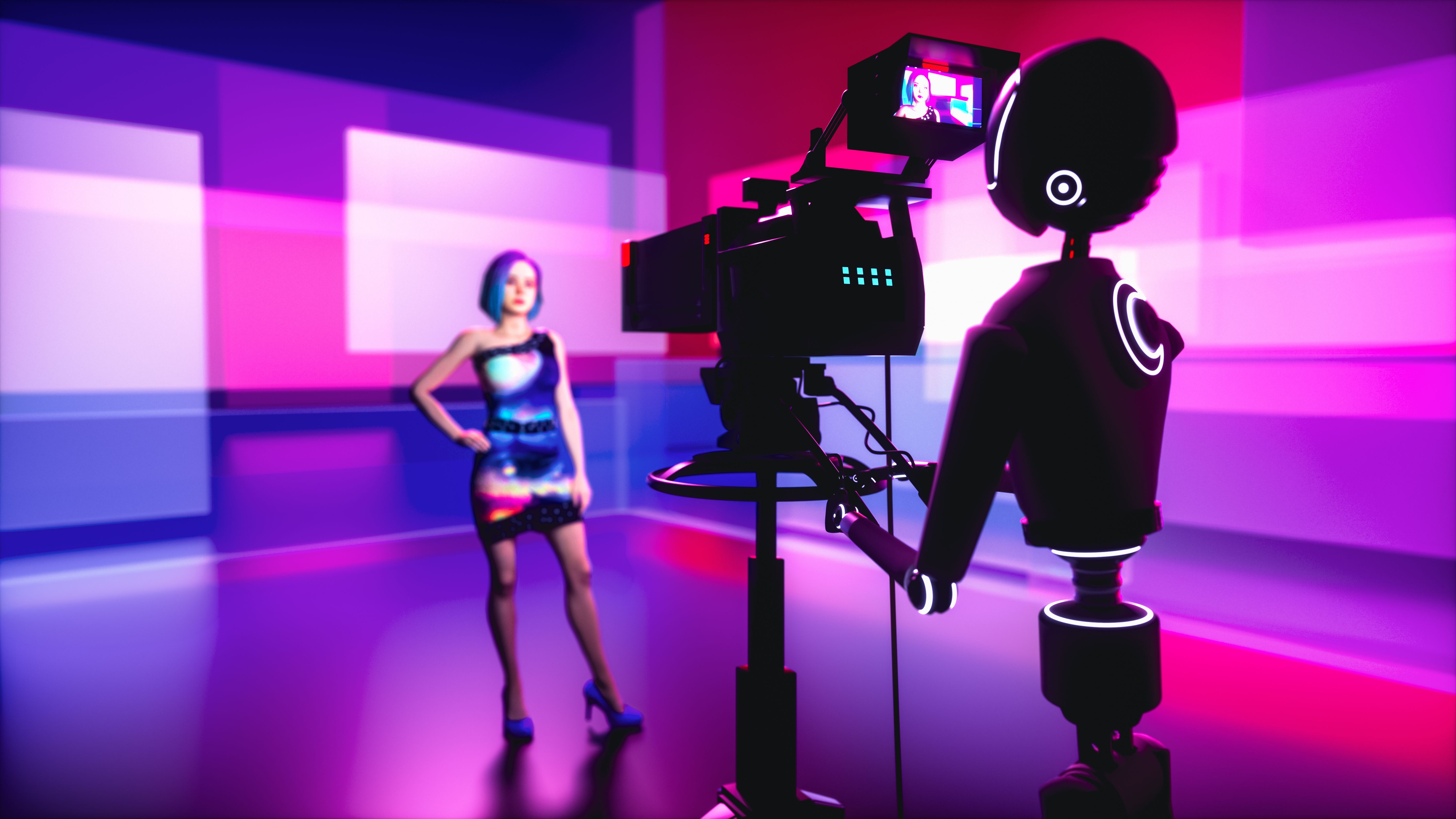 a robot cameraman and a presenter in a television studio(3d rendering) a robot cameraman and a presenter in a television studio(3d rendering)