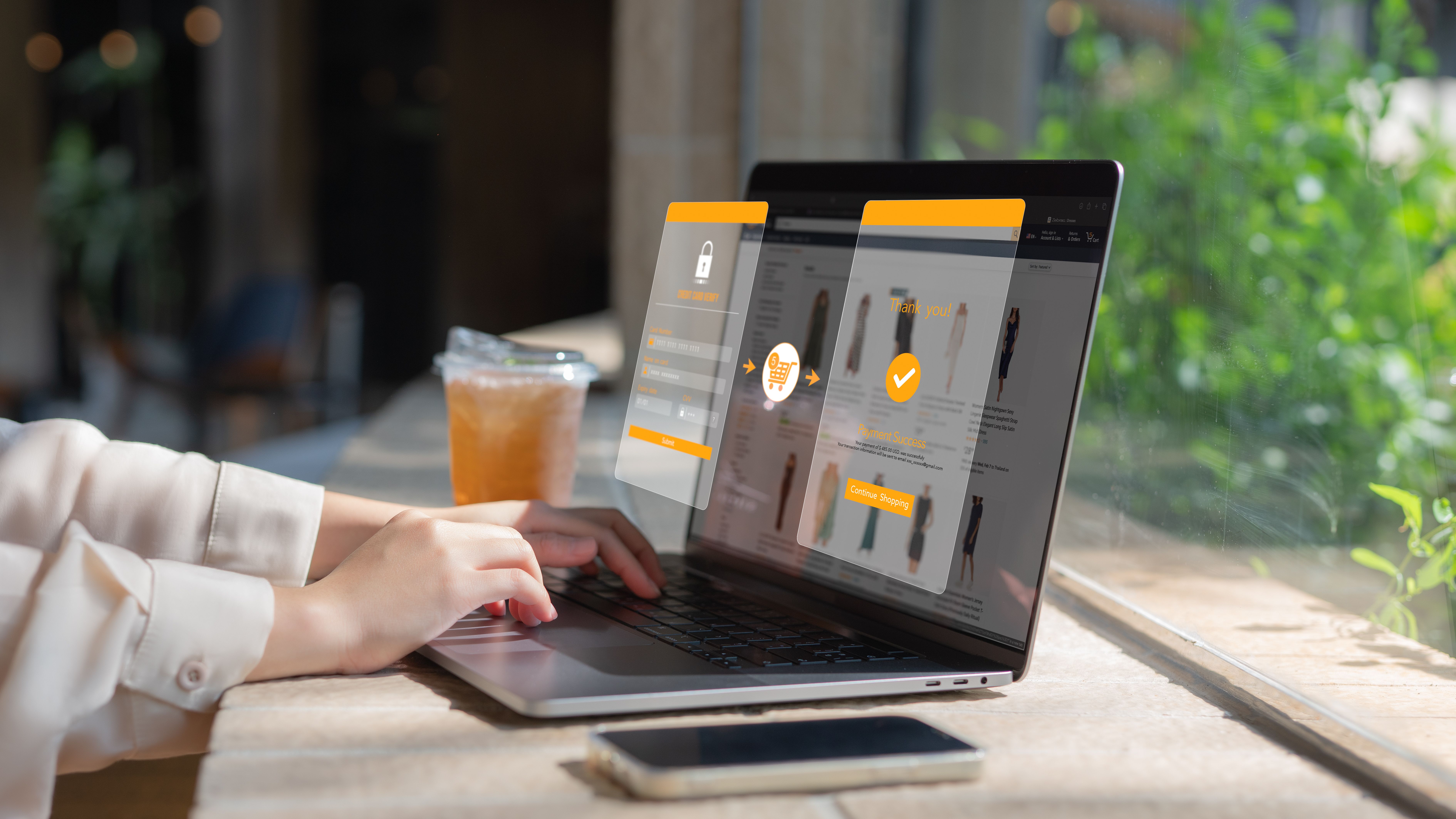 Customers link their credit cards to pay for products online, Online shopping concept, Woman using laptop making online payment.