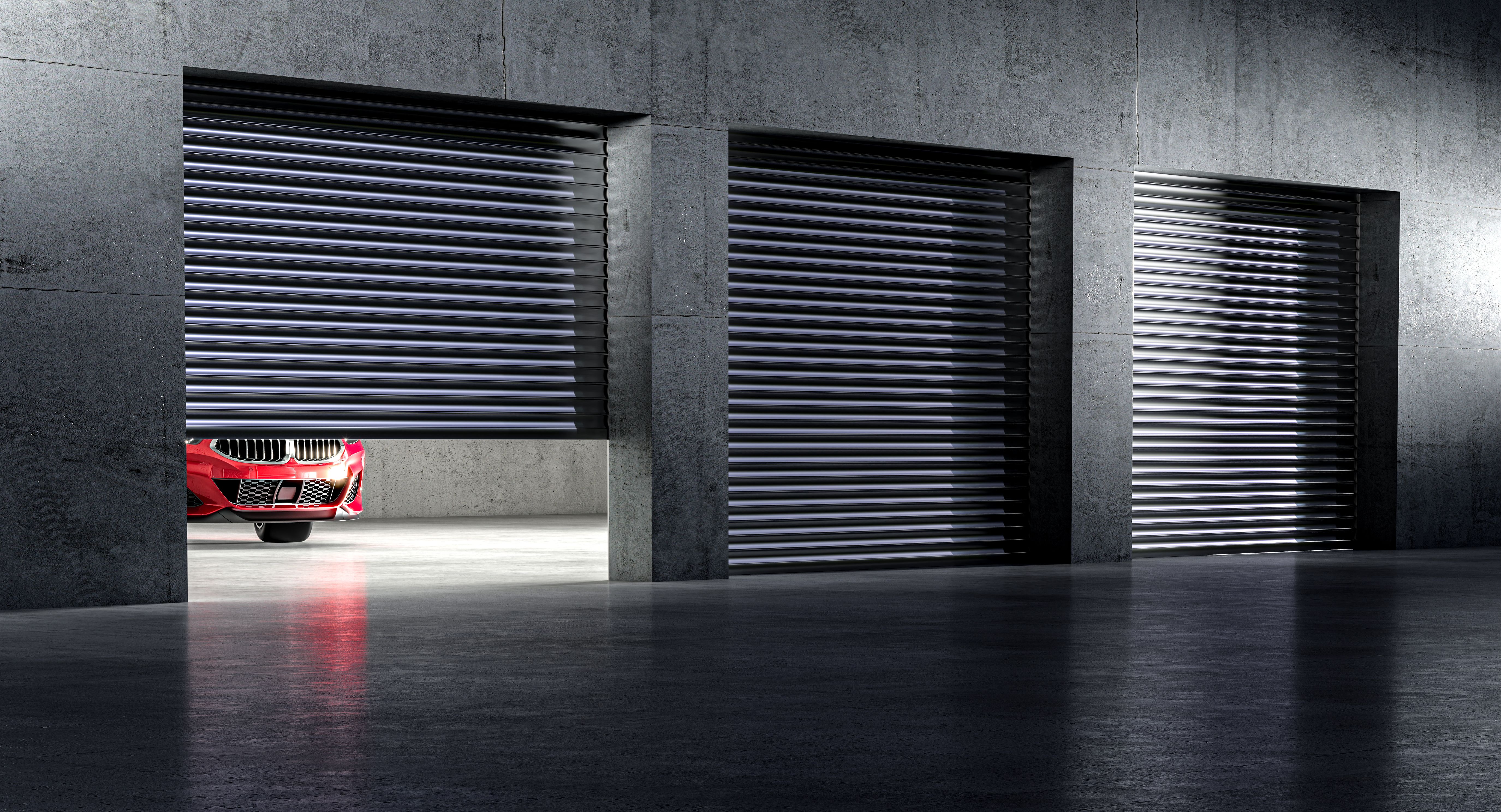 outside of garage with shutters, red car inside. 3d render