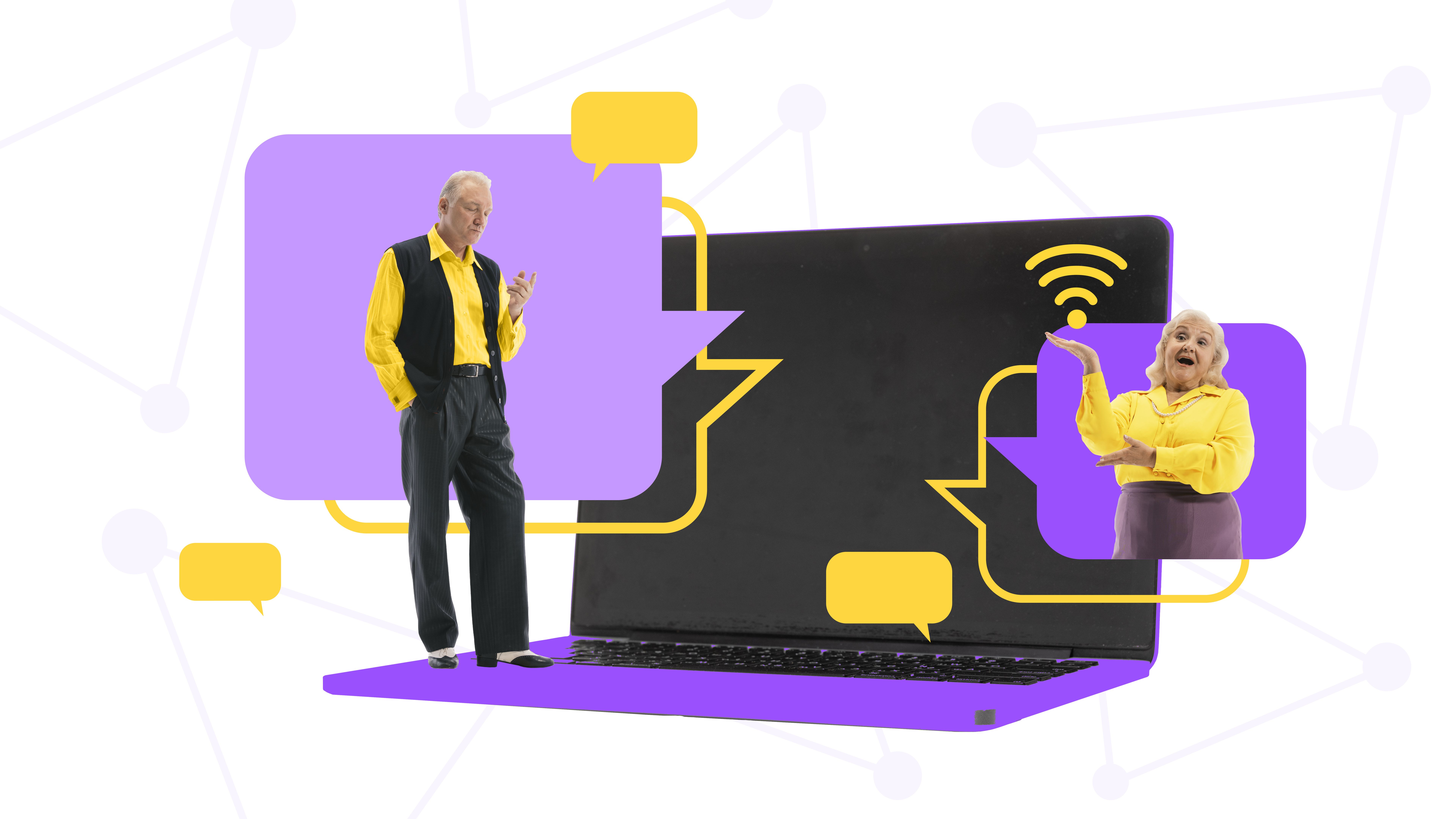 Contemporary art collage. Elderly man and woman in speech bubbles communicating online and bridging distances through modern technology.
