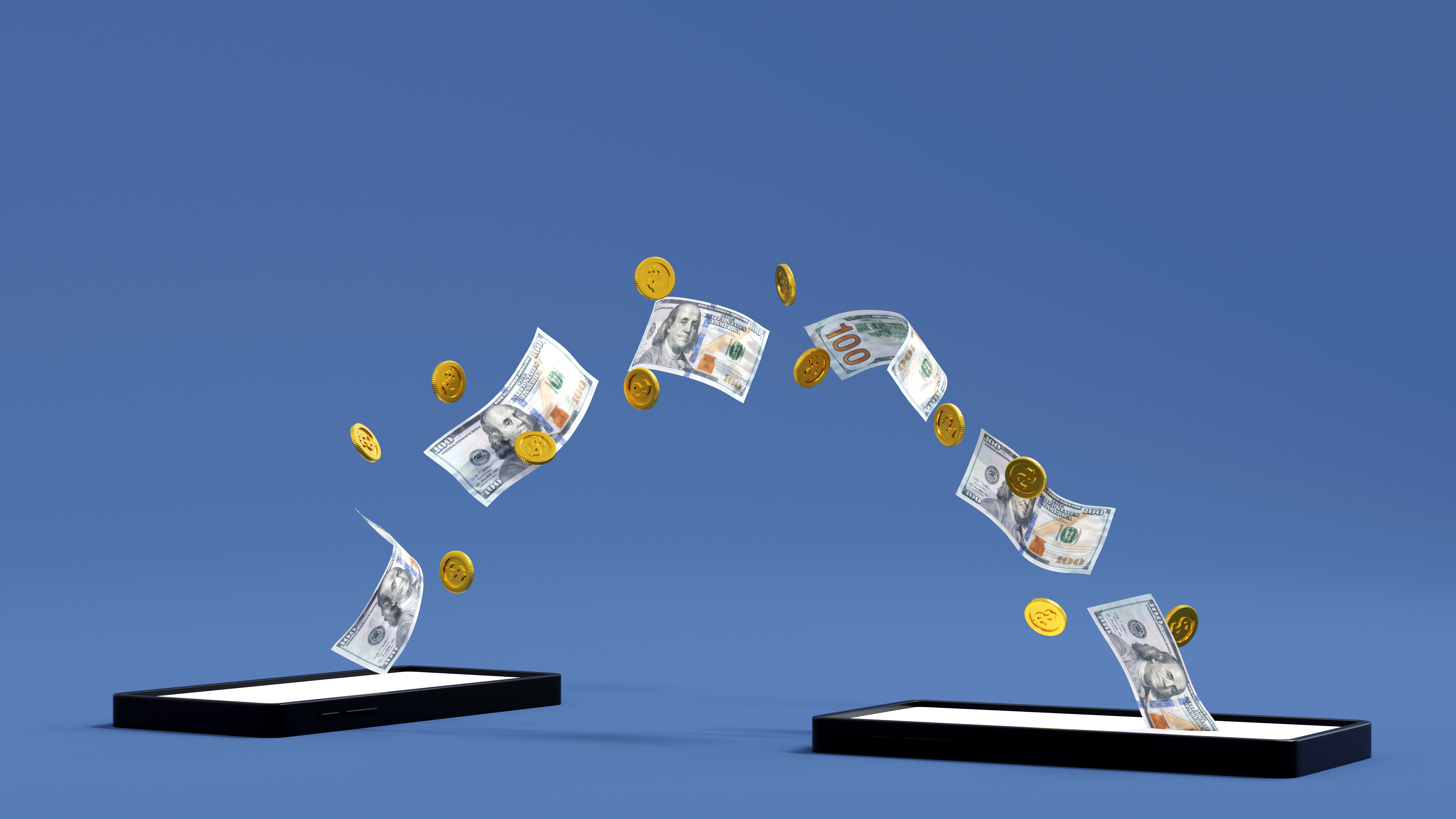 Mobile banking concept, coin and dollar banknote moving from smartphone to other cellphone, online money transfer, 3D rendering.