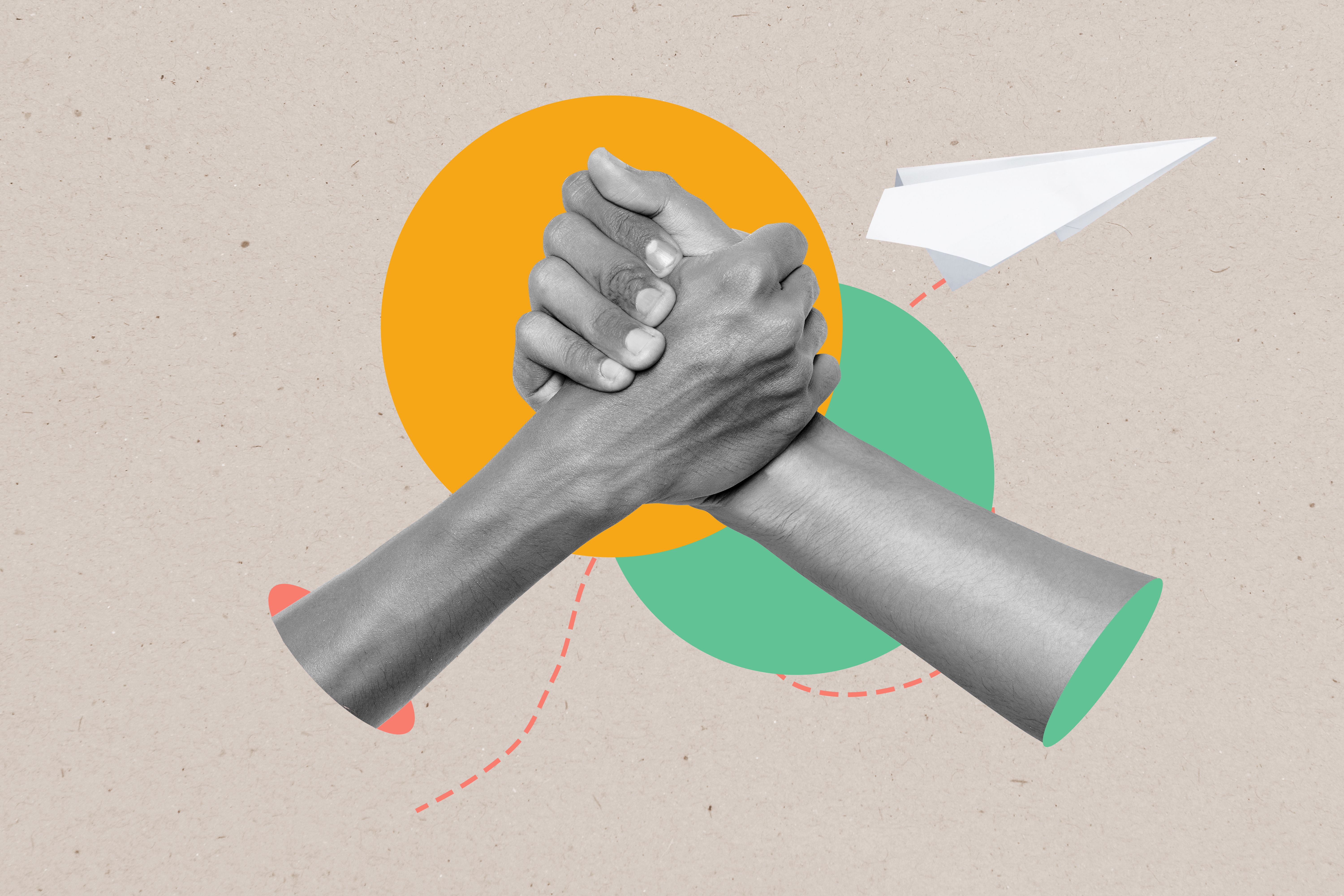 Two human hands with shaking hands gesture on a colored background Two human hands with shaking hands gesture on a colored background
