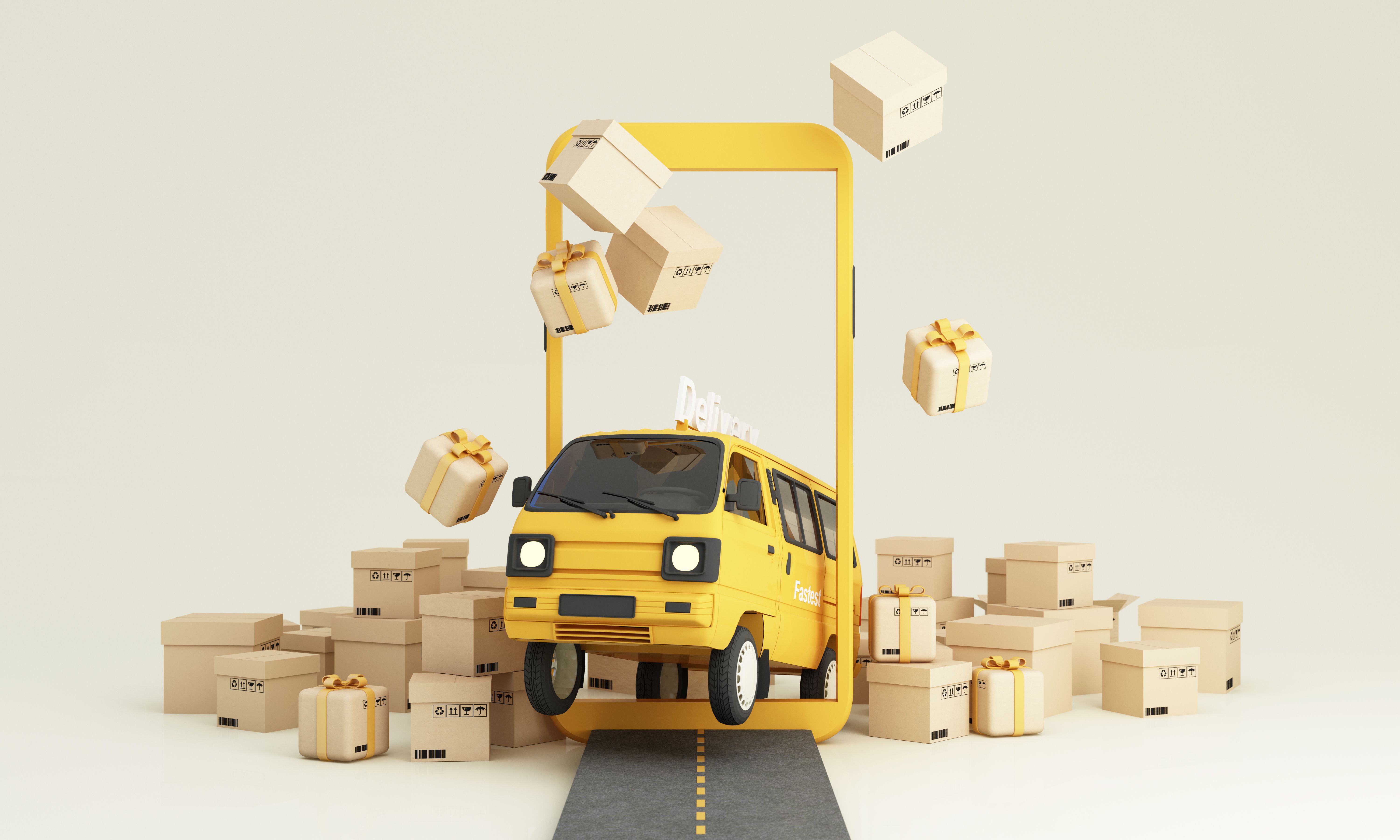 E-commerce concept, Delivery service on mobile application, Transportation delivery by Vans and trucks via phone and online messages, product packages, gift boxes, on road yellow tone 3d rendering