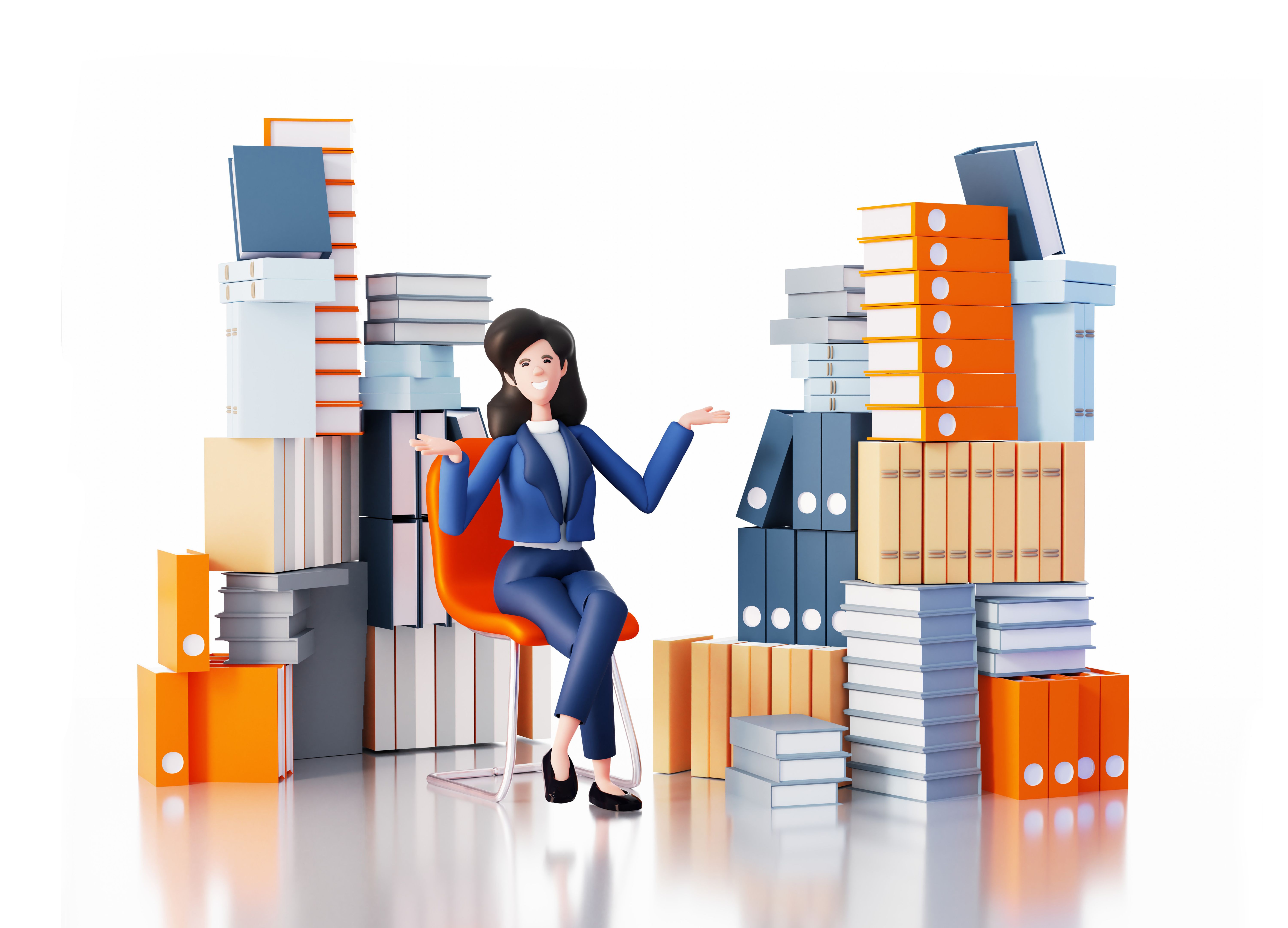 Successful businessman sits next to big pile of folders and documents.  Happy office workers 3D rendering illustration