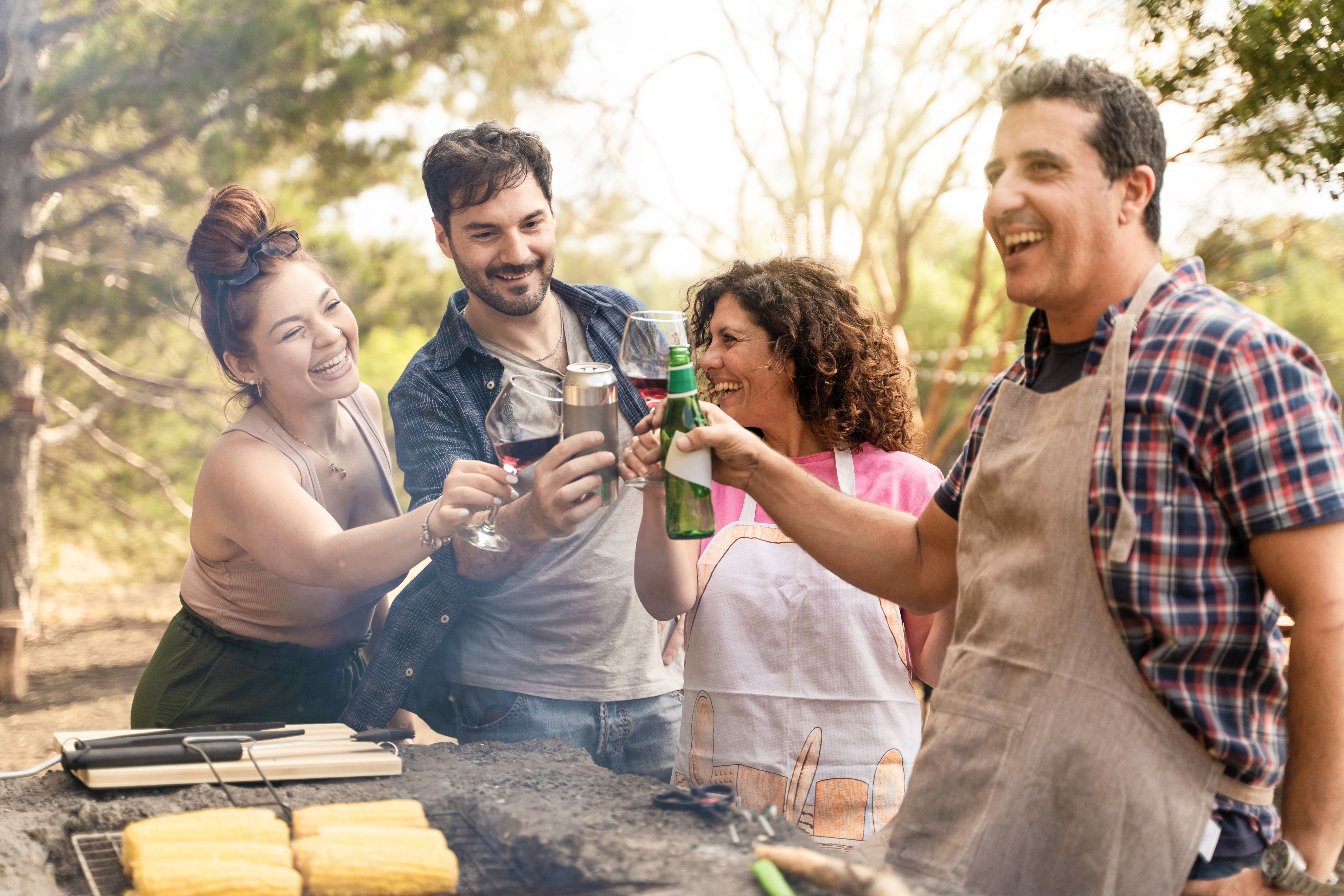 Diverse group of friends toasting at outdoor barbecue, social gathering concept