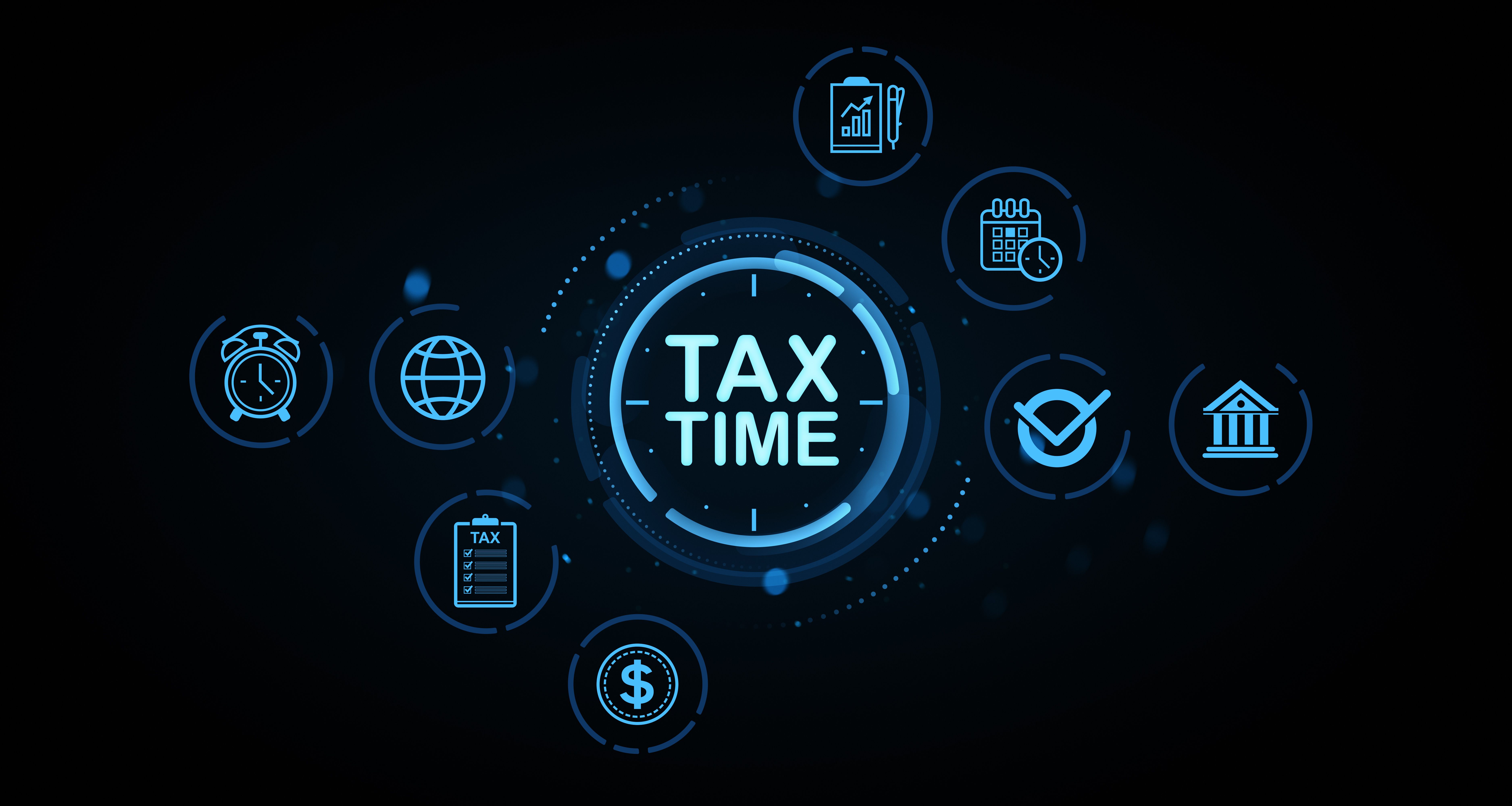 Tax time digital concept with financial and accounting icons surrounding central text on futuristic dark background in glowing blue tones. 3D Rendering