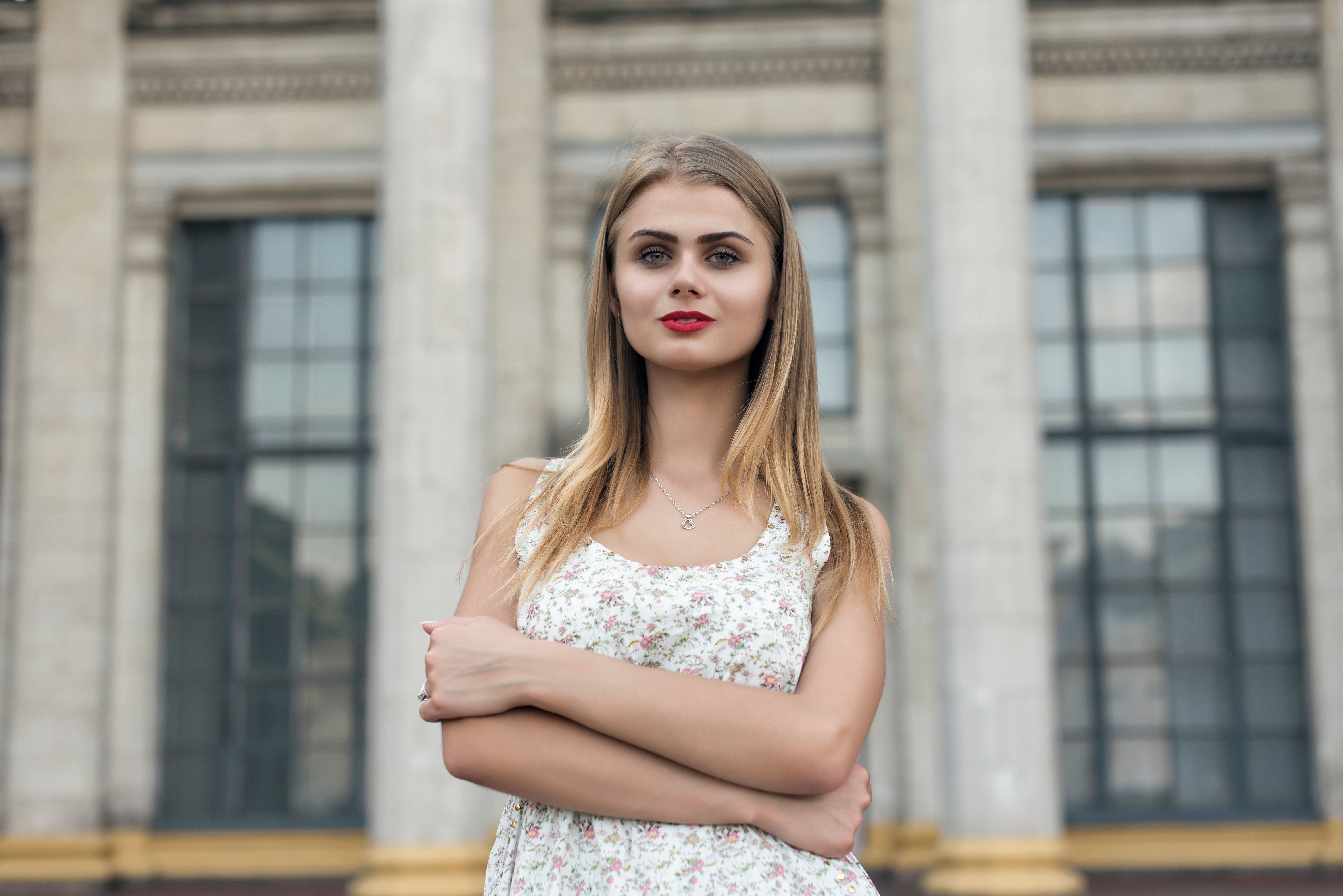 Blonde in bright red dress Blonde in bright red dress