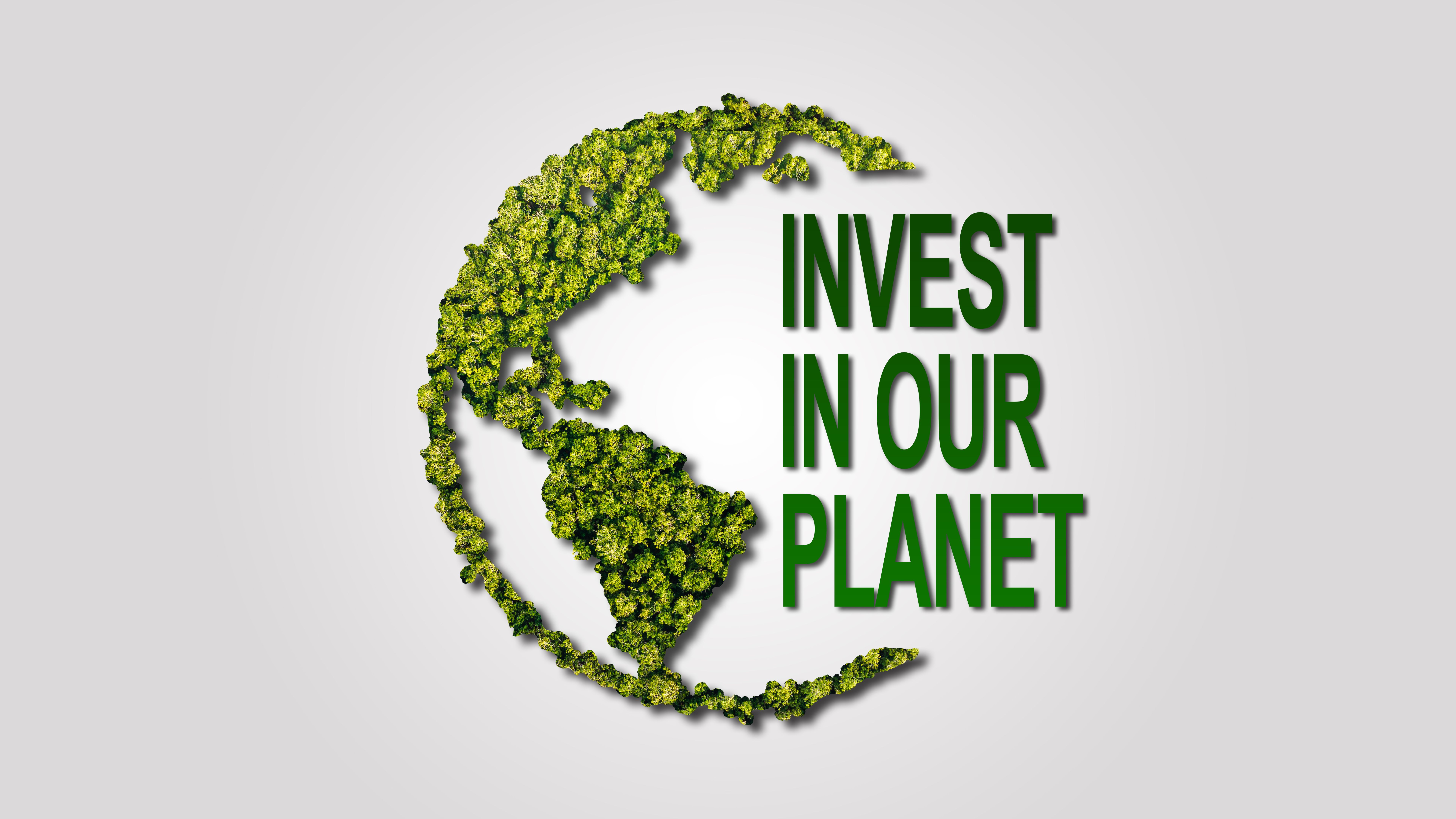 Invest in our planet. Earth day 2025, 2026, 2027 3d concept background. Ecology concept. Design with 3d globe map drawing and leaves isolated on white background.