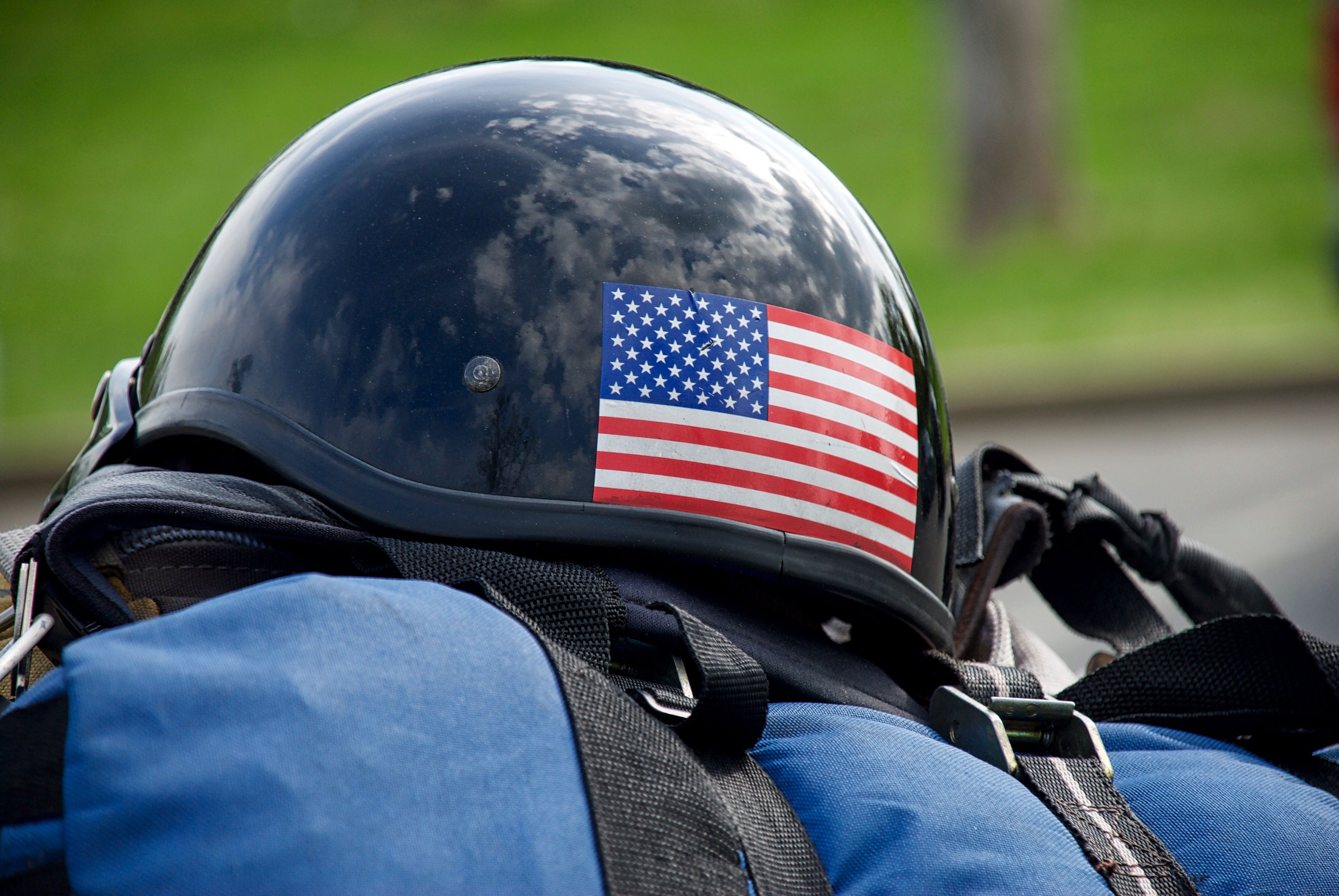 Close Up of Motorcycle Helmet with American Flag Sticker