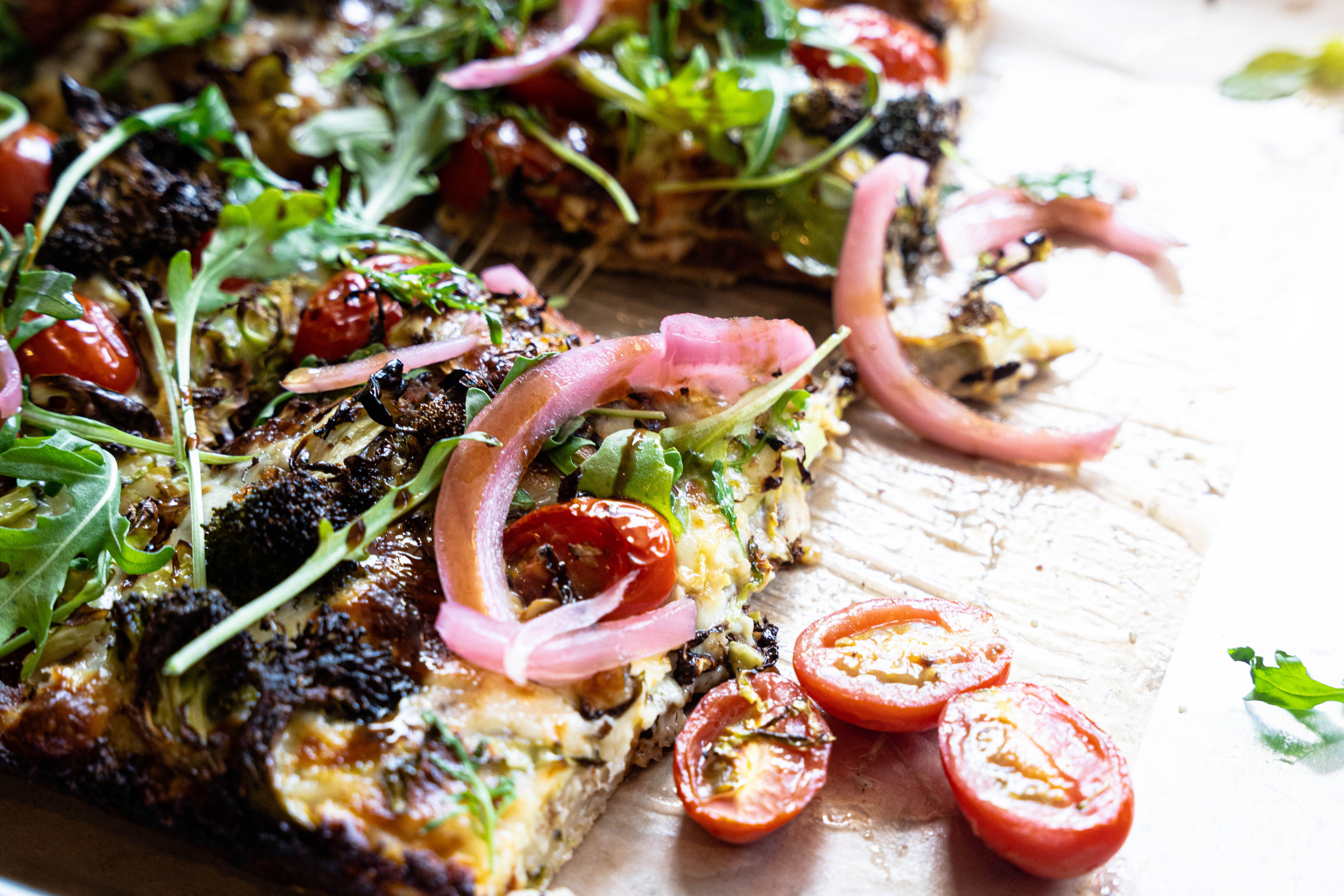 Close up of vegetarian detroit style pizza