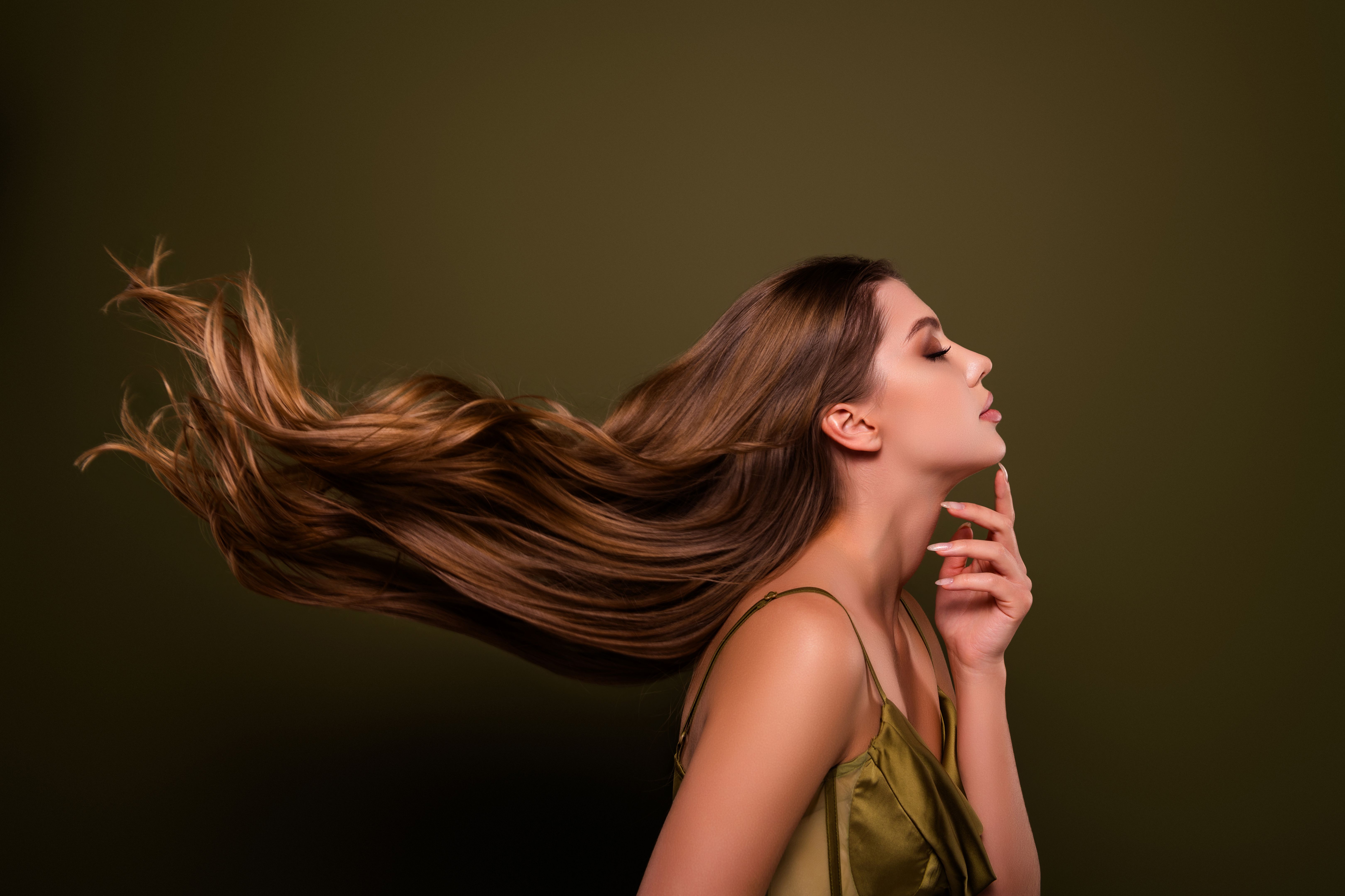 Photo of elegant tender gorgeous lady long straight healthy hair isolated on khaki color background