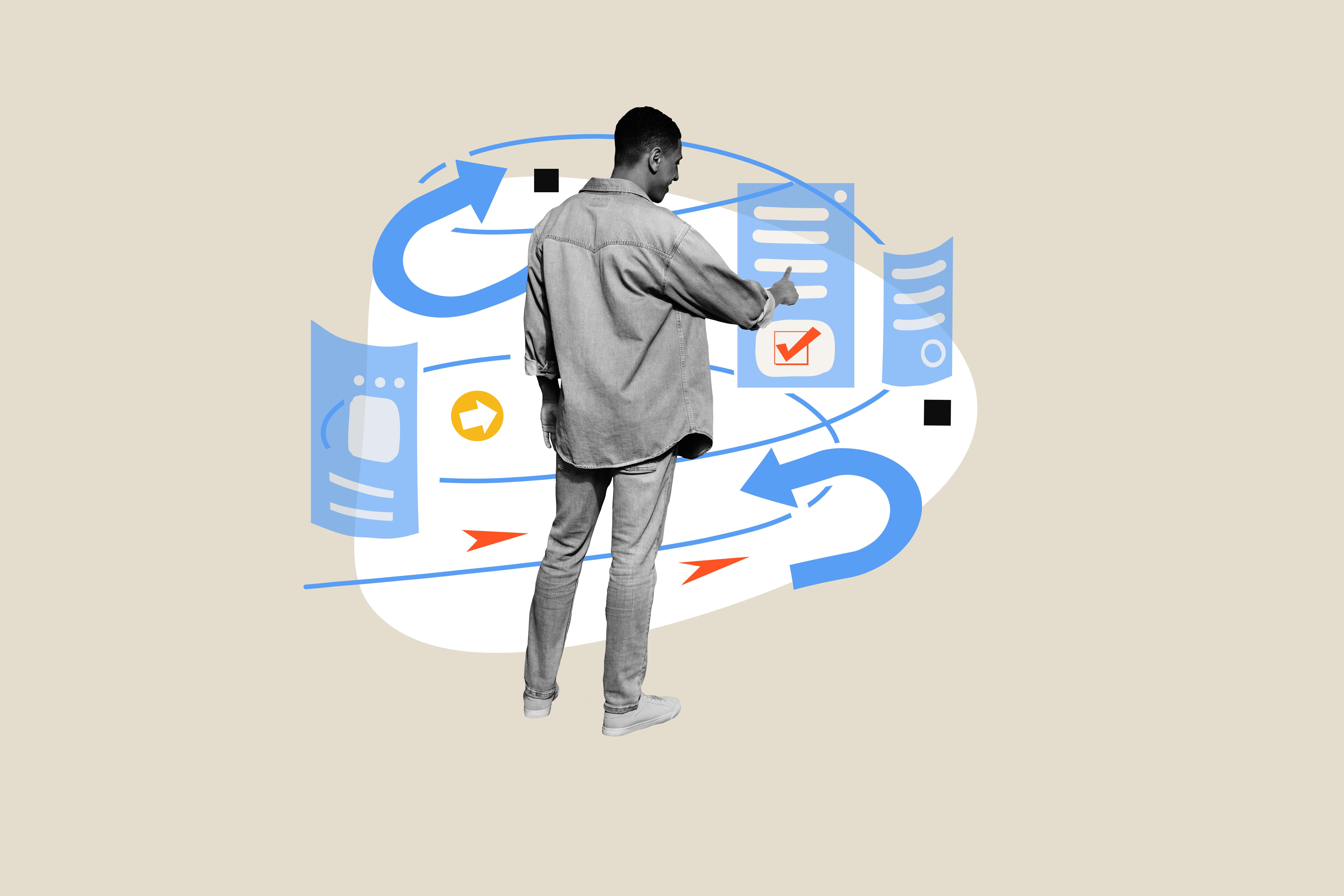 Composite photo collage of happy american businessman icon paper documentation arrow checkmark icon sign isolated on painted background