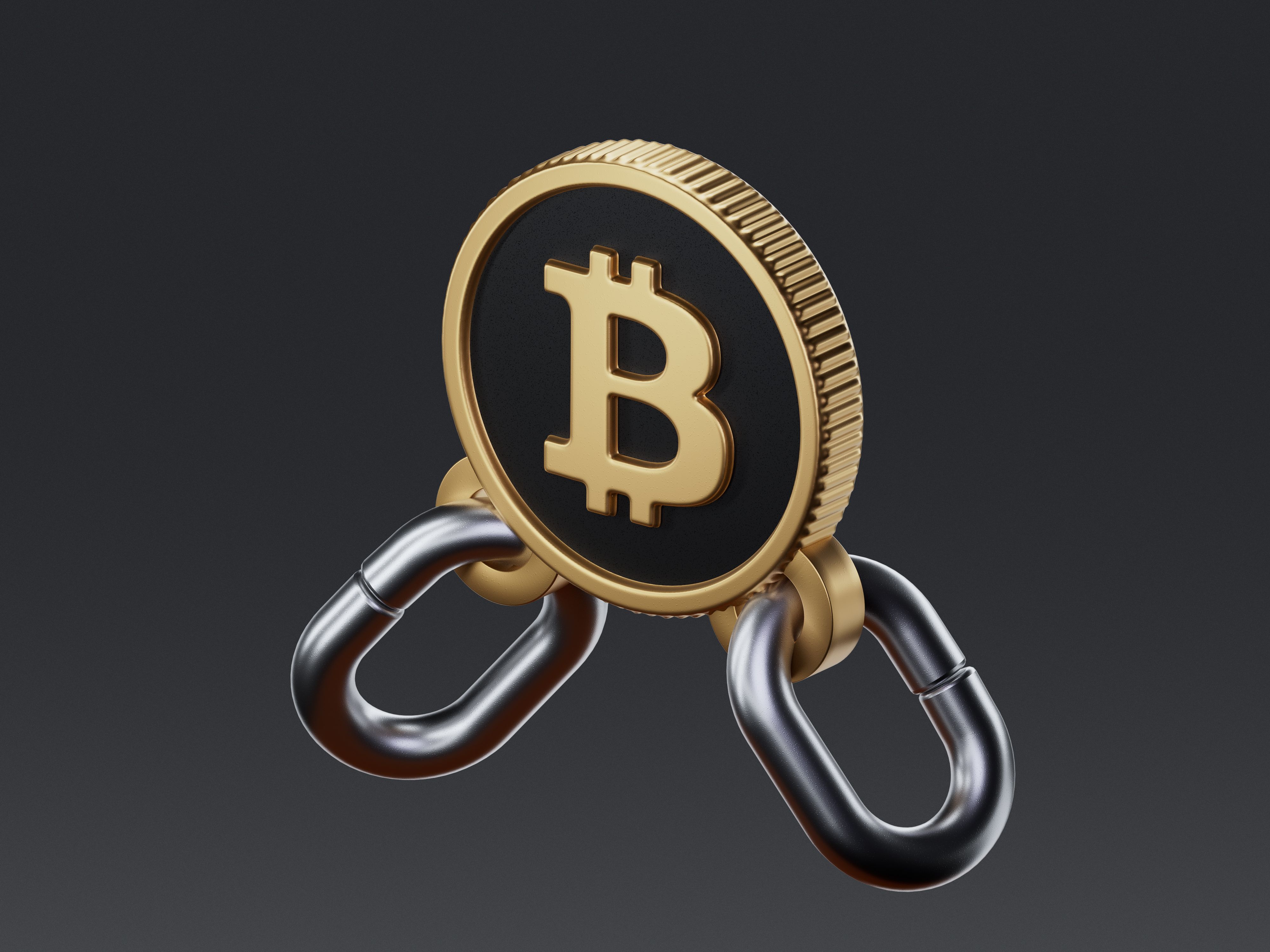 3D render icon of a bitcoin coin connected with two chain links. Symbolizing blockchain technology, decentralized finance, and crypto security.