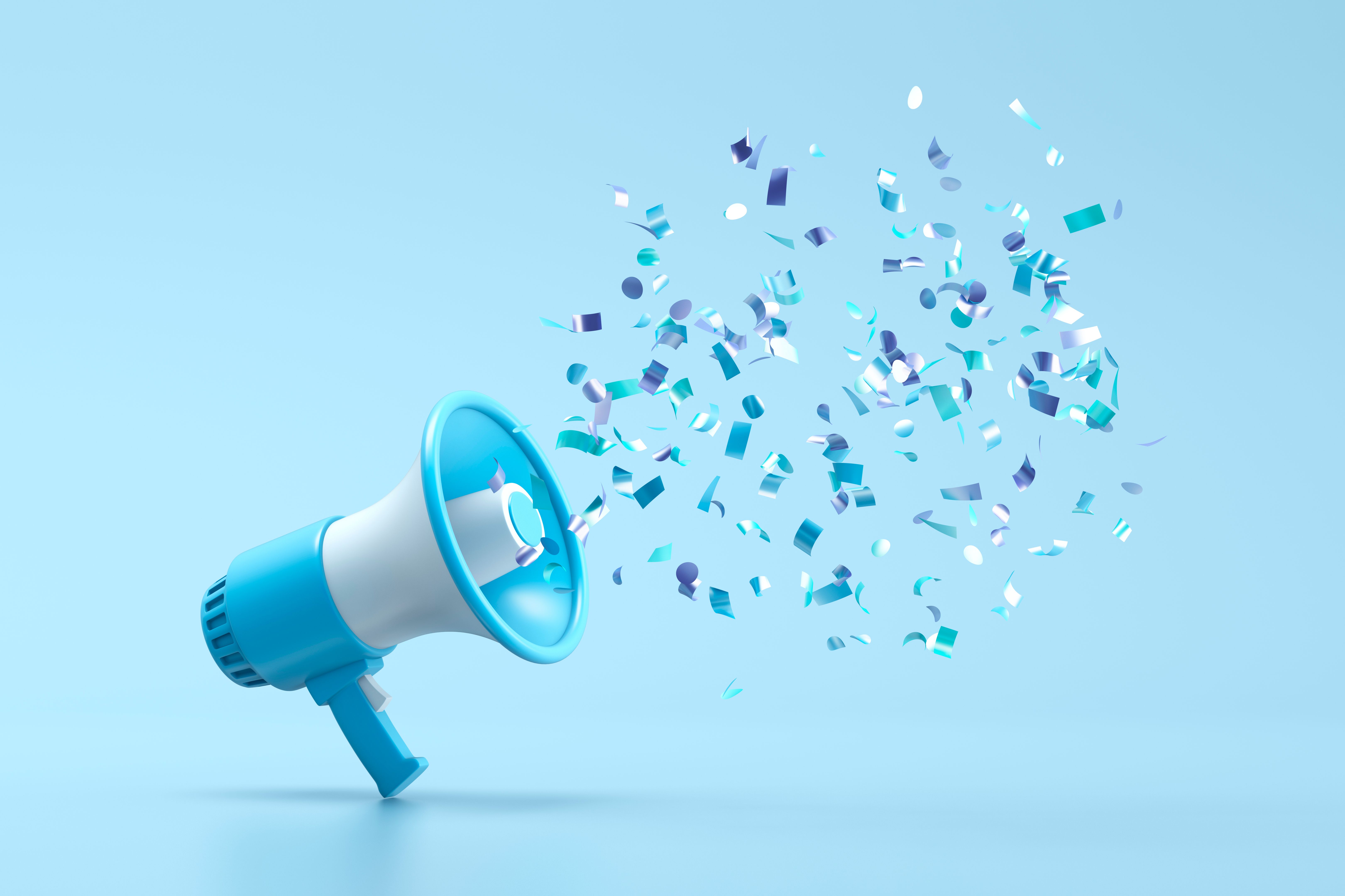 Blue megaphone with shiny confetti coming out of it