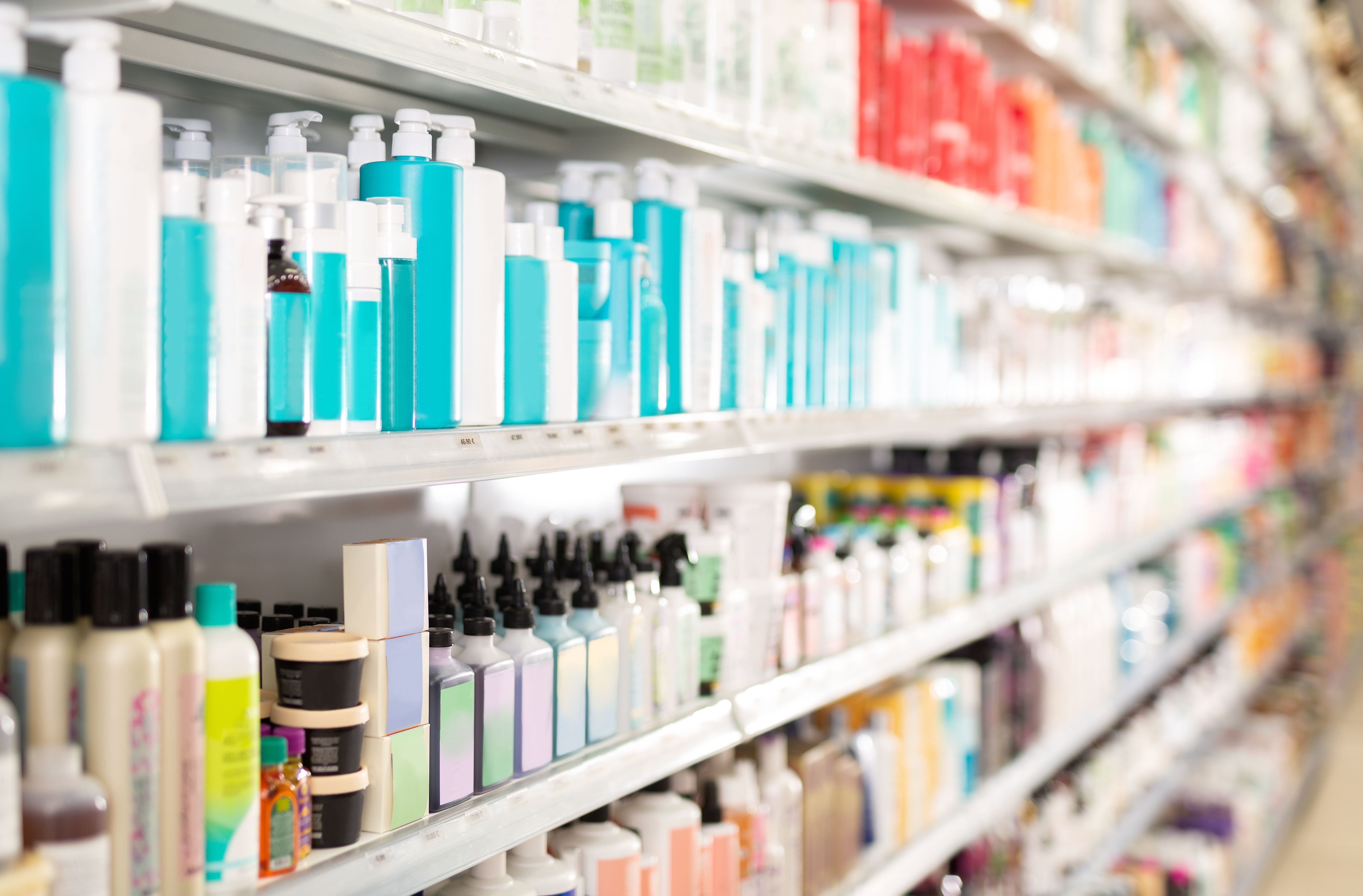 Assortment of hair care products in cosmetics store