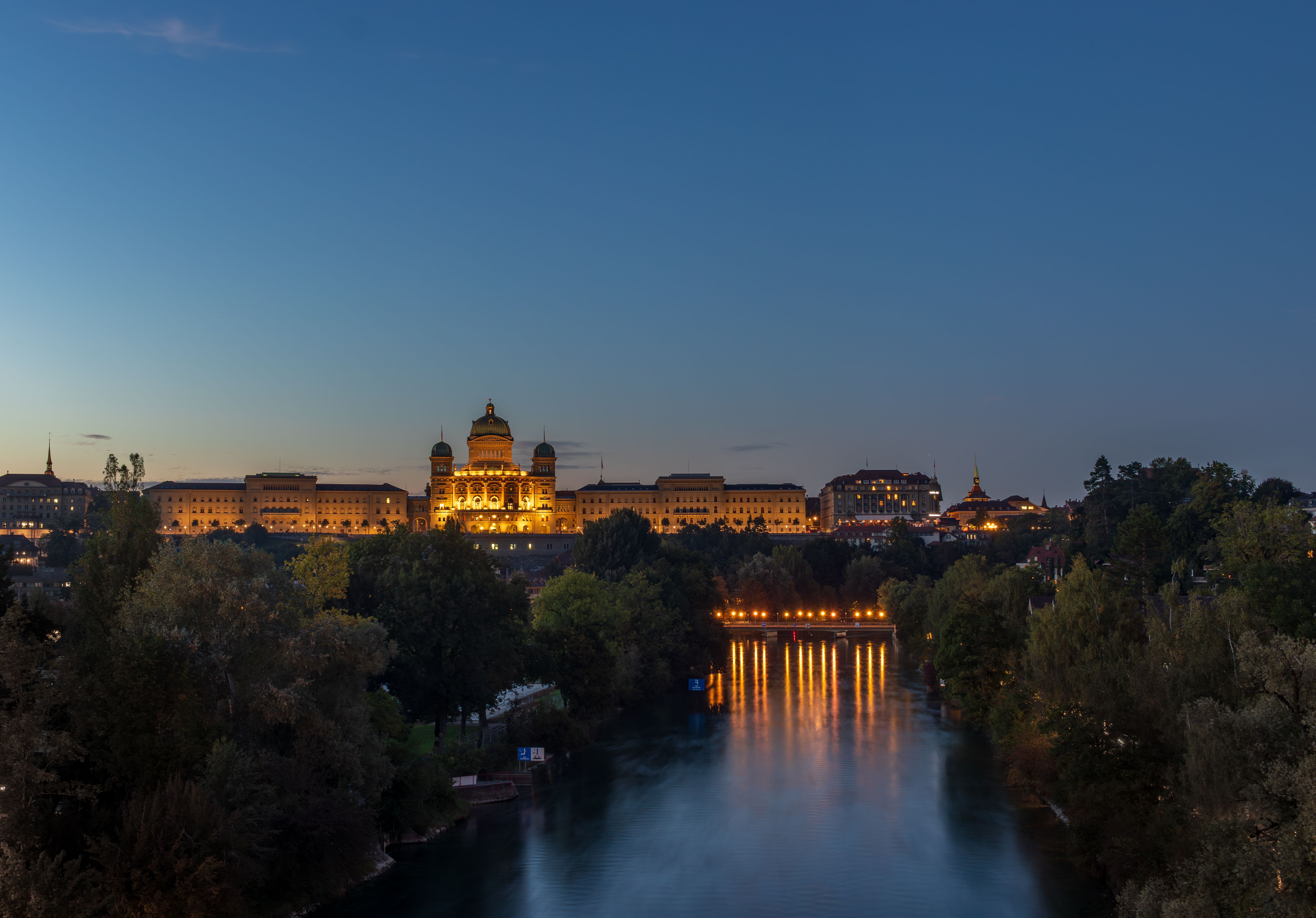 Bern, Switzerland with the Federal Palace illuminated at blue hour. Bern, Switzerland with the Federal Palace illuminated at blue hour.