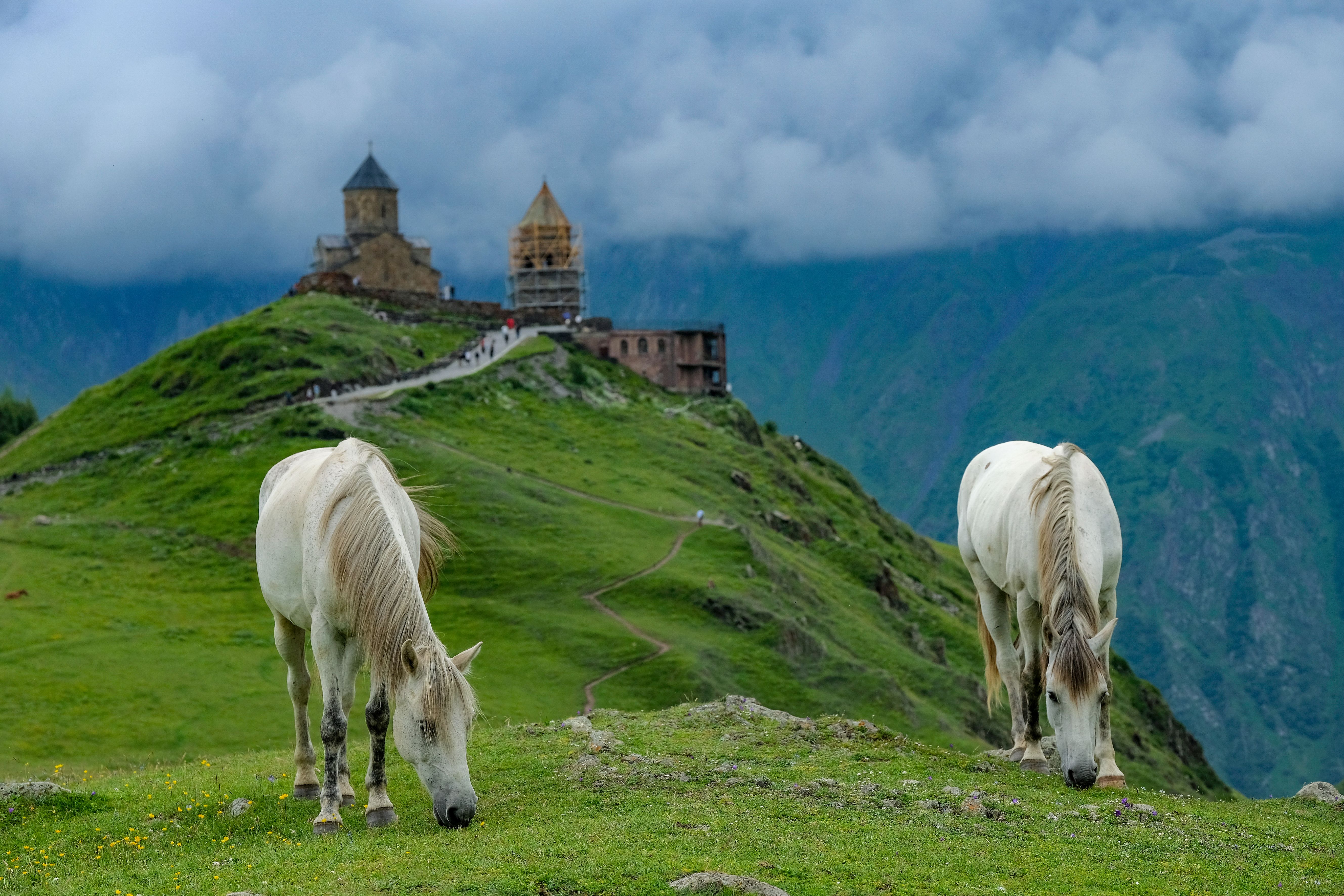 Gergeti Trinity Church on Mount Kazbek in Stepantsminda, Georgia