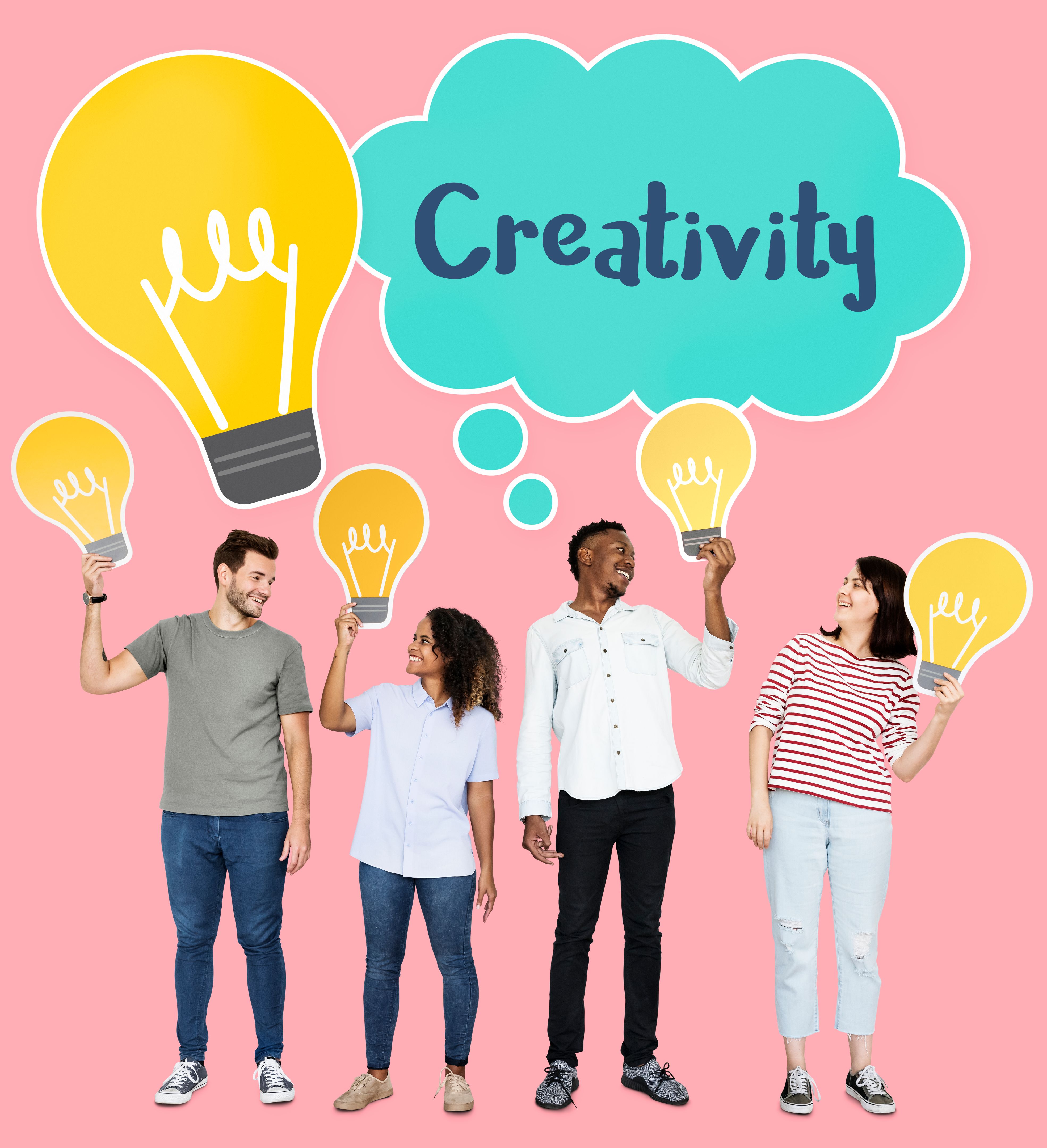 People holding creative light bulb icons